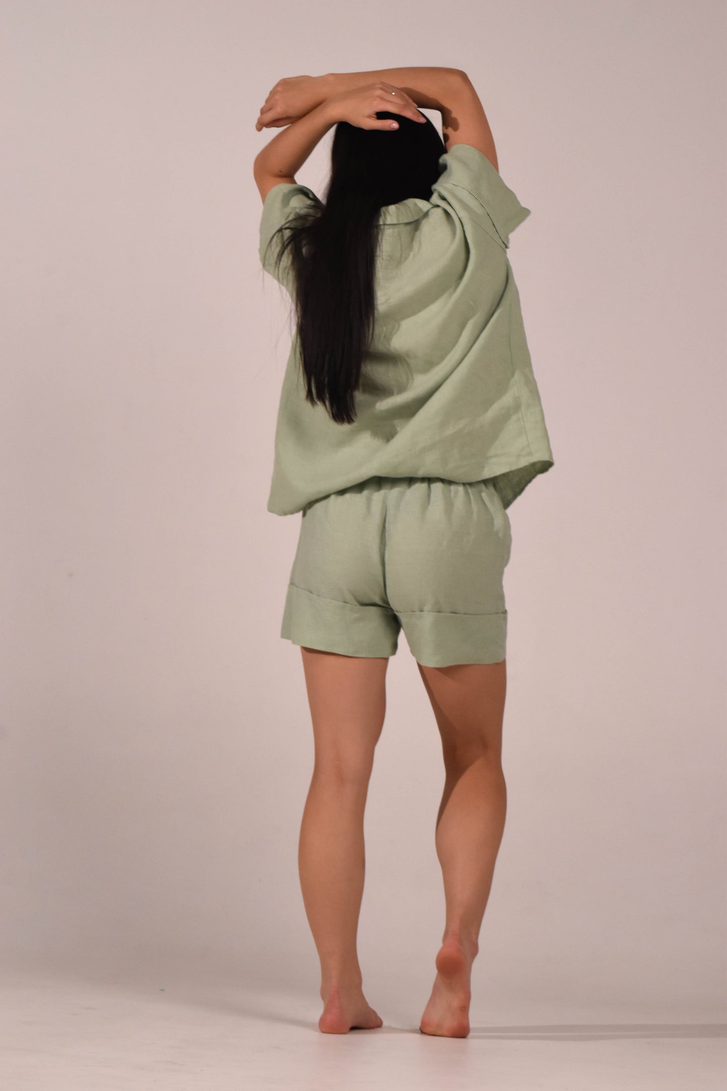Short Sleeve & Shorts – Softened Linen Set in Matcha