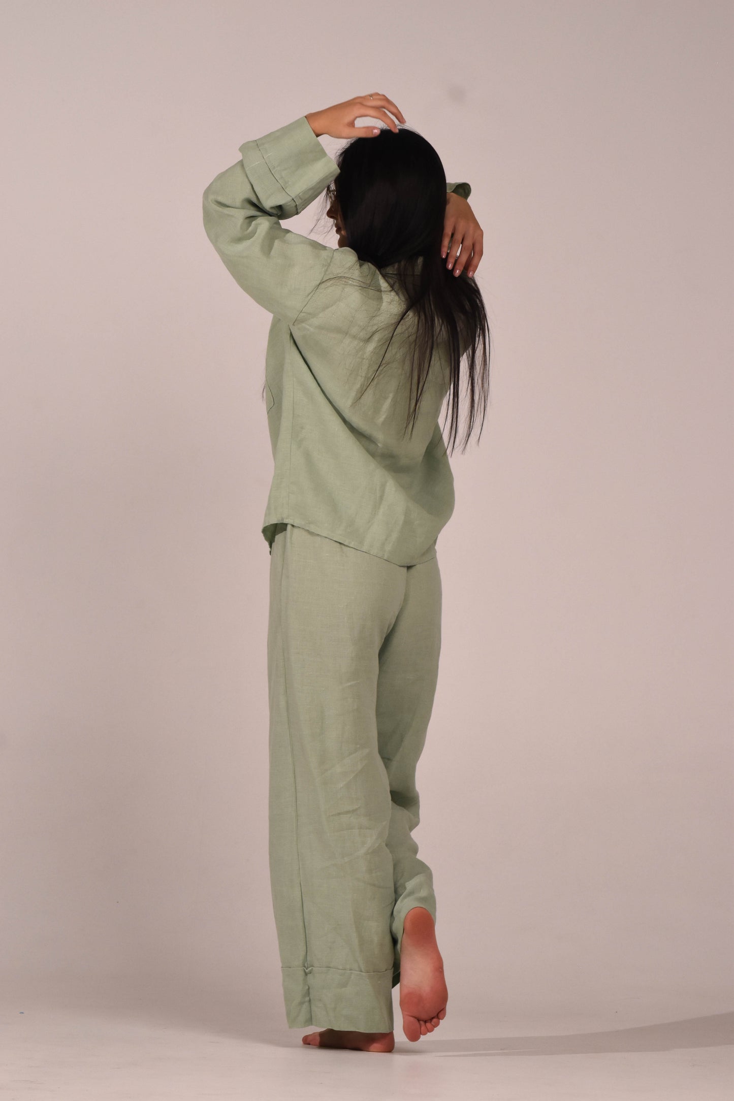 Long Sleeve & Pants – Softened Linen Set in Matcha