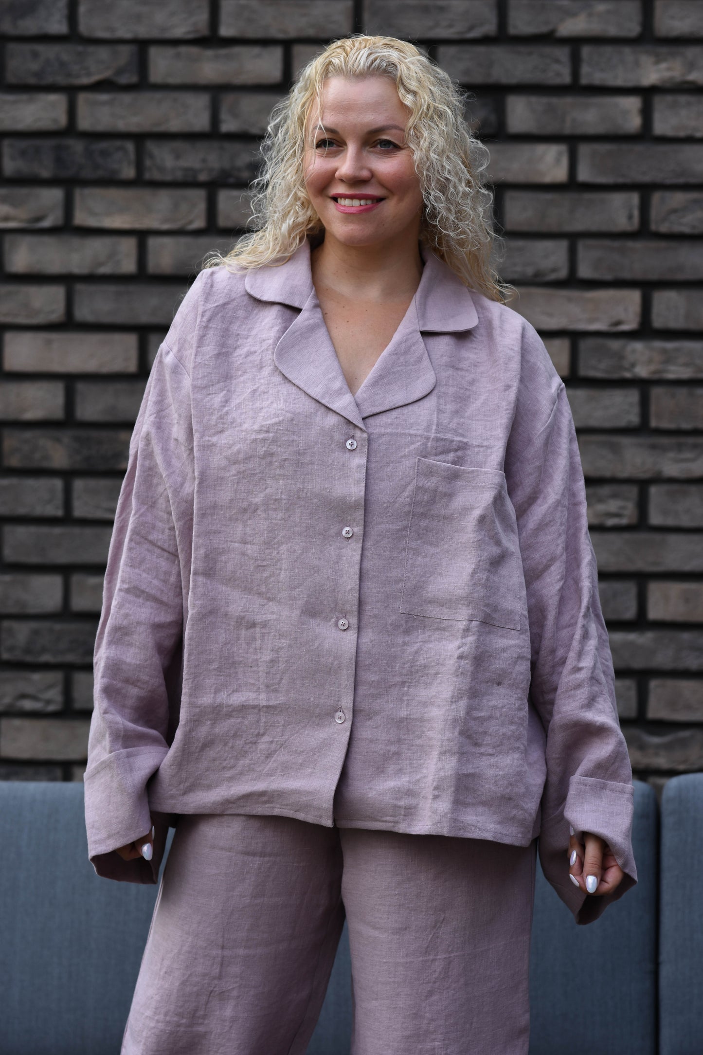 Short Sleeve & Shorts – Washed Linen Loungewear in Morning Mist (Ash Rose)