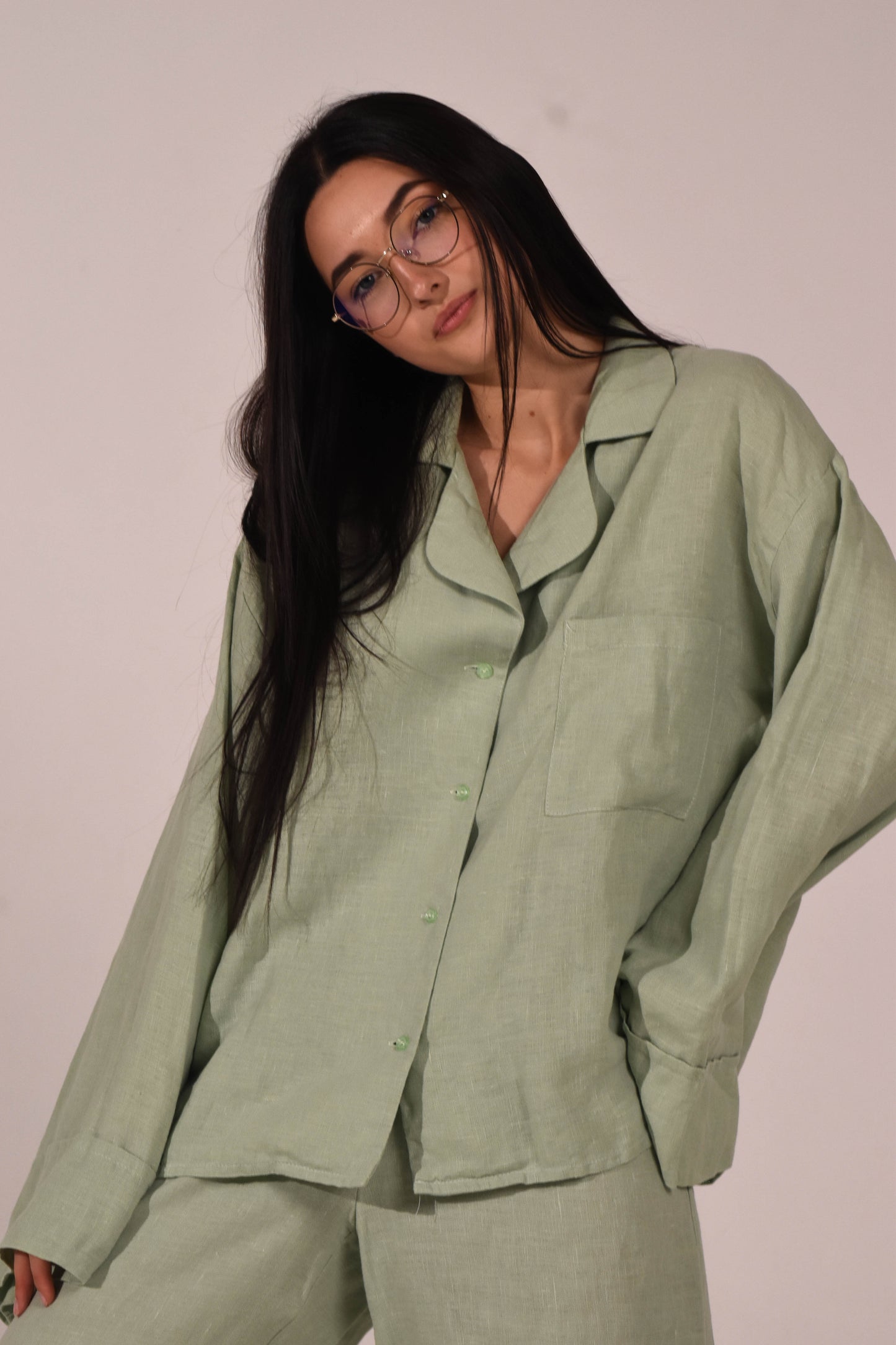 Long Sleeve & Pants – Softened Linen Set in Matcha