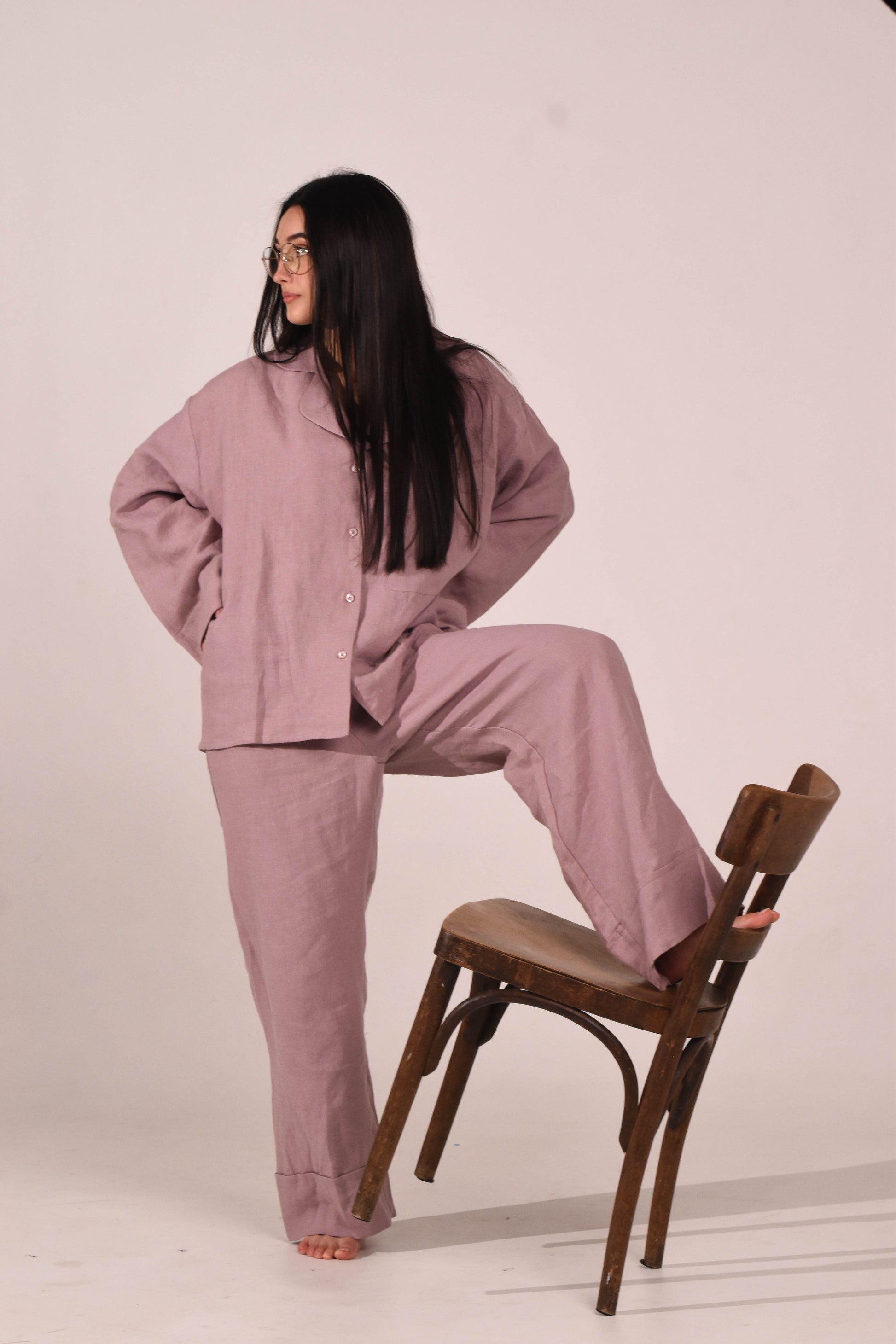Long Sleeve & Pants – Washed Linen Loungewear in Morning Mist (Ash Rose) - LinumLenis
