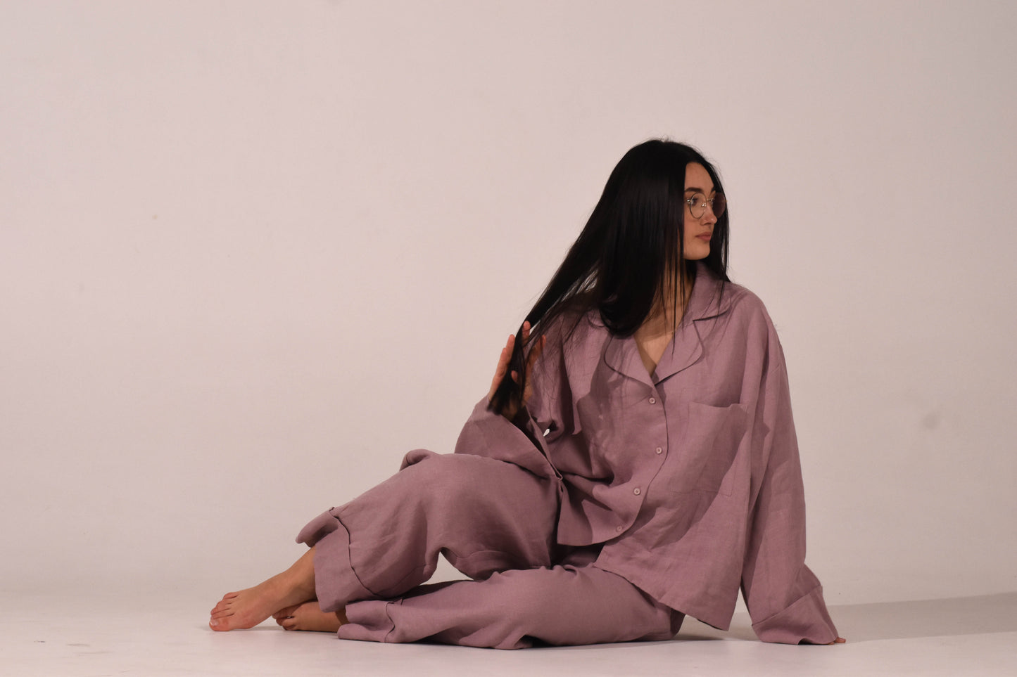 Long Sleeve & Pants – Washed Linen Loungewear in Morning Mist (Ash Rose)