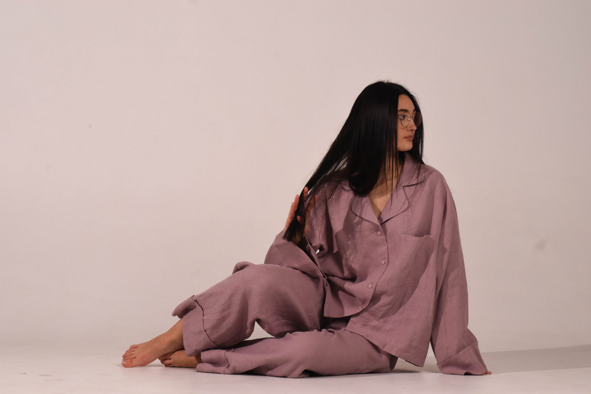 Long Sleeve & Pants – Washed Linen Loungewear in Morning Mist (Ash Rose) - LinumLenis