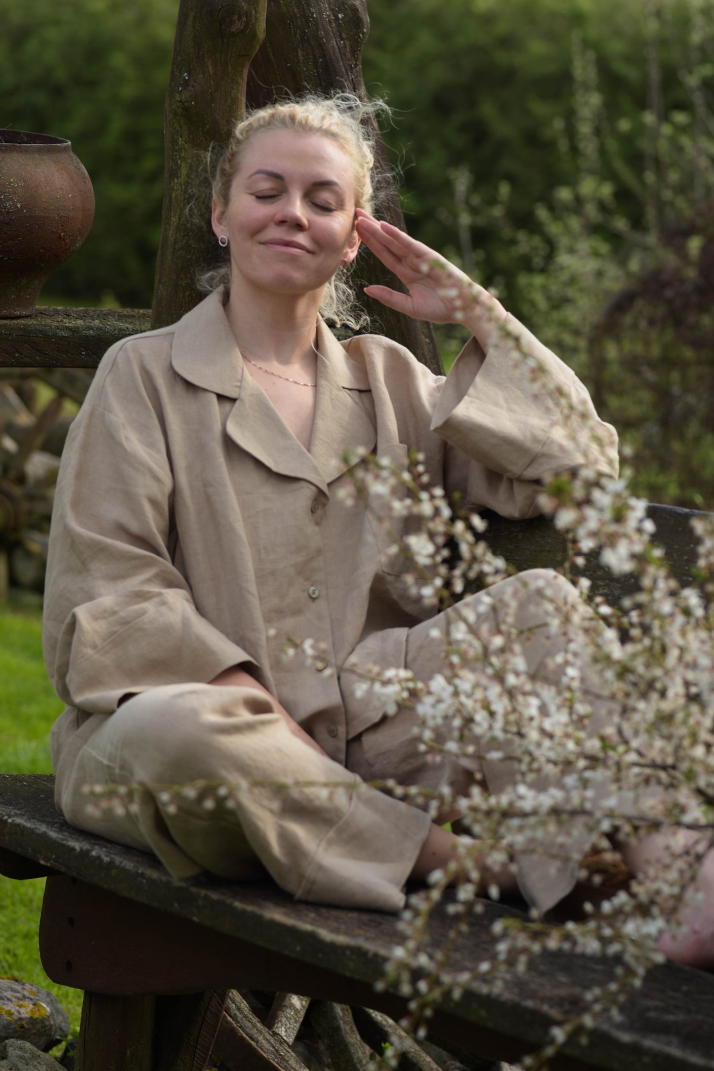 Long Sleeve & Shorts – Natural Linen Set in Warm Cocoa