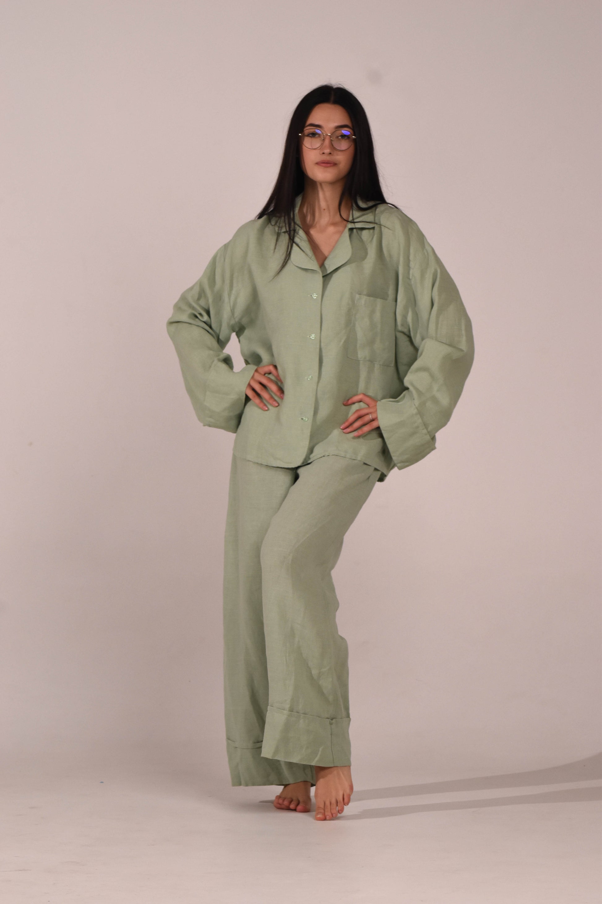 Linen Long Sleeve Shirt - Matcha - LinumLenis