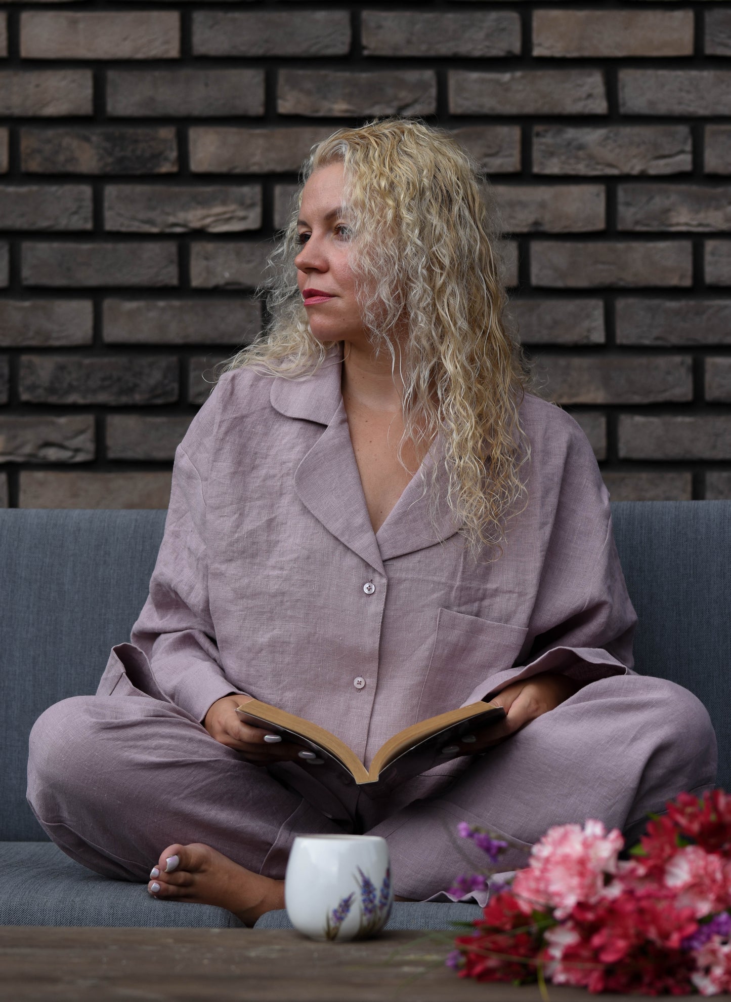 Short Sleeve & Shorts – Washed Linen Loungewear in Morning Mist (Ash Rose)