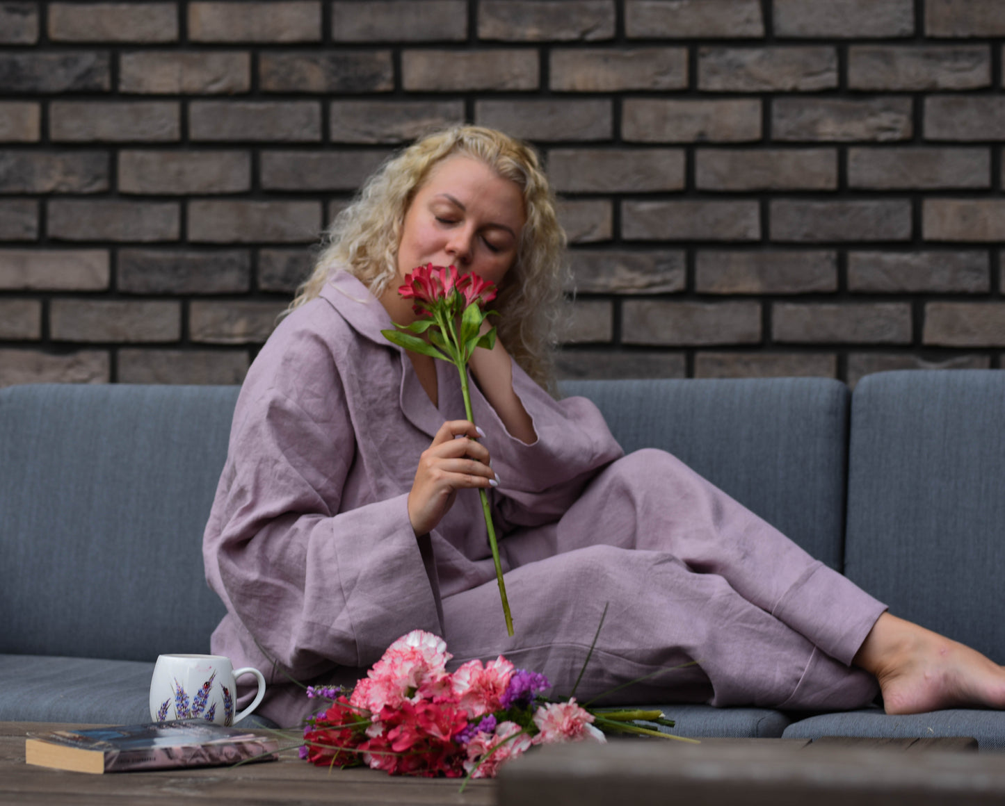 Short Sleeve & Shorts – Washed Linen Loungewear in Morning Mist (Ash Rose)