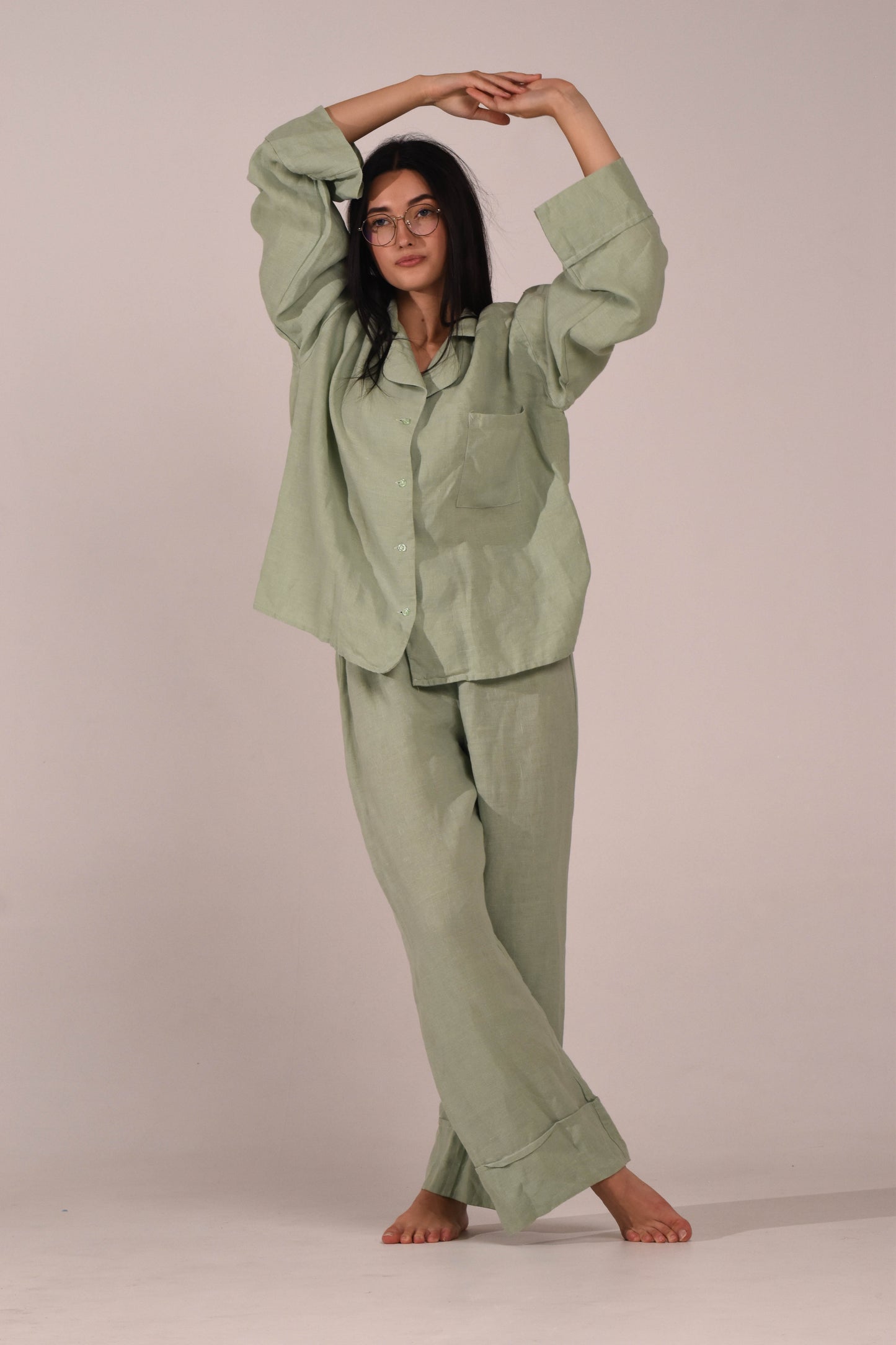 Long Sleeve & Pants – Softened Linen Set in Matcha