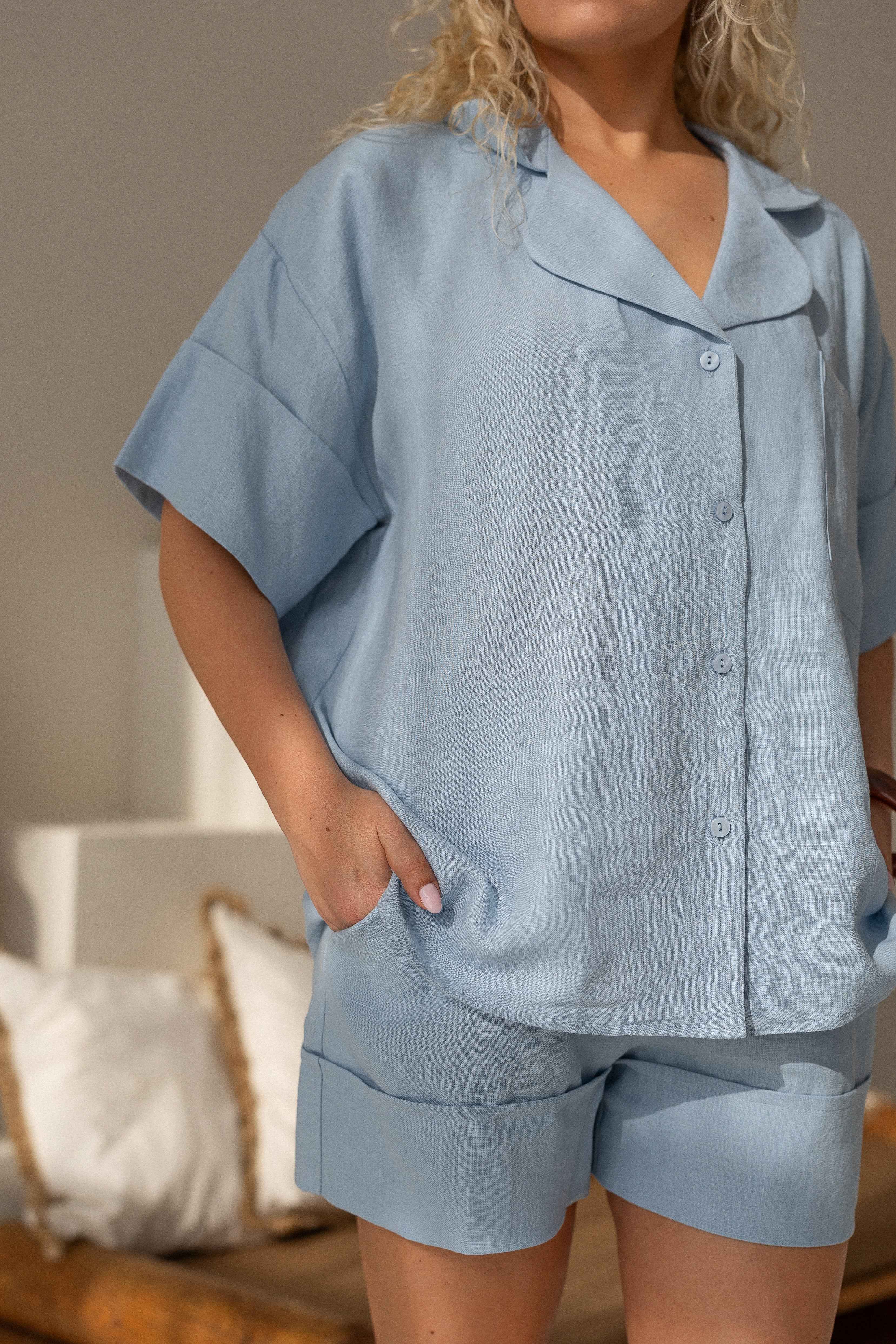 Blue Linen Set With Shorts
