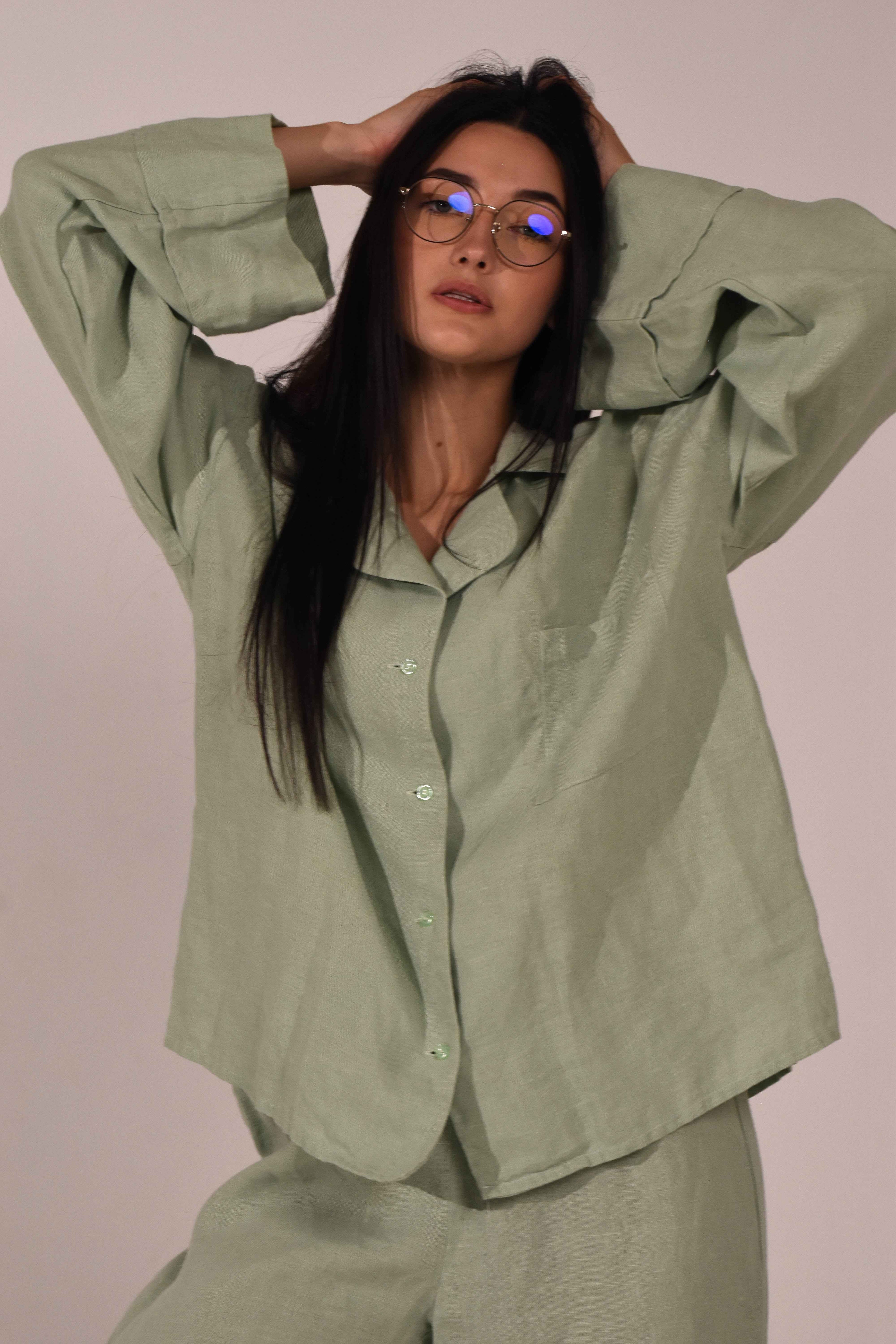 Linen Long Sleeve Shirt - Matcha - LinumLenis