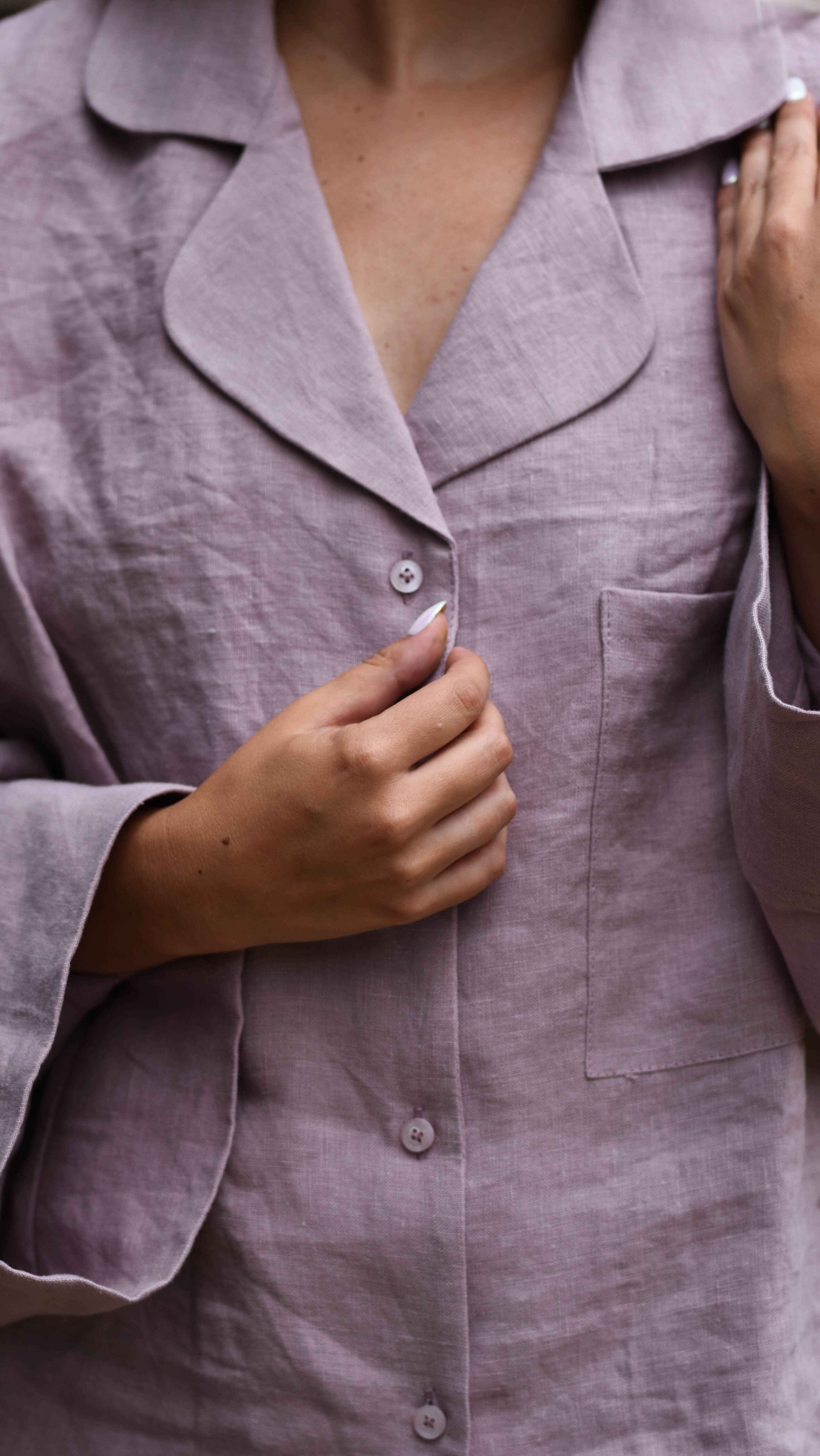 Long Sleeve & Pants – Washed Linen Loungewear in Morning Mist (Ash Rose) - LinumLenis