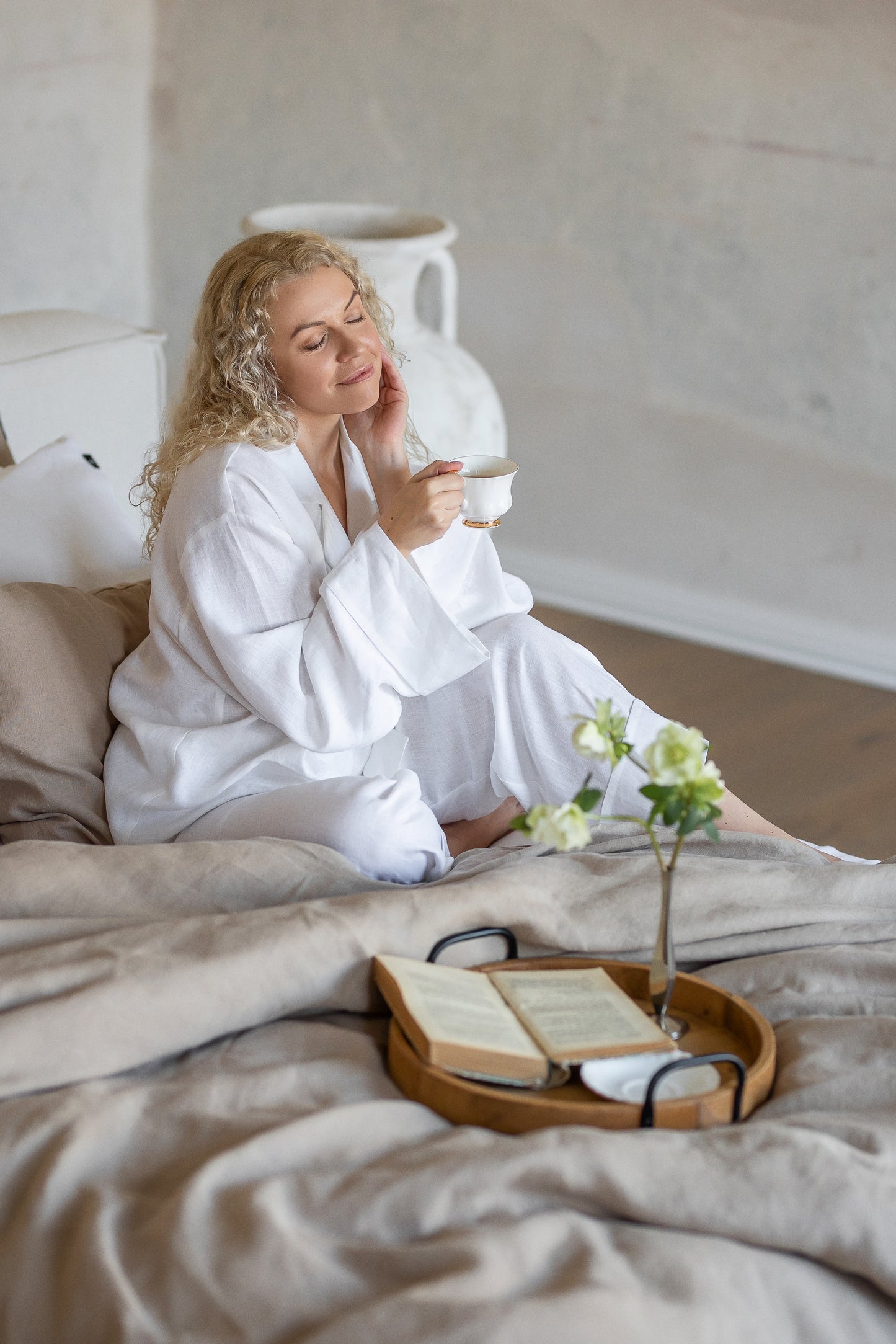 Short Sleeve & Pants – Natural Linen Set in Pure White