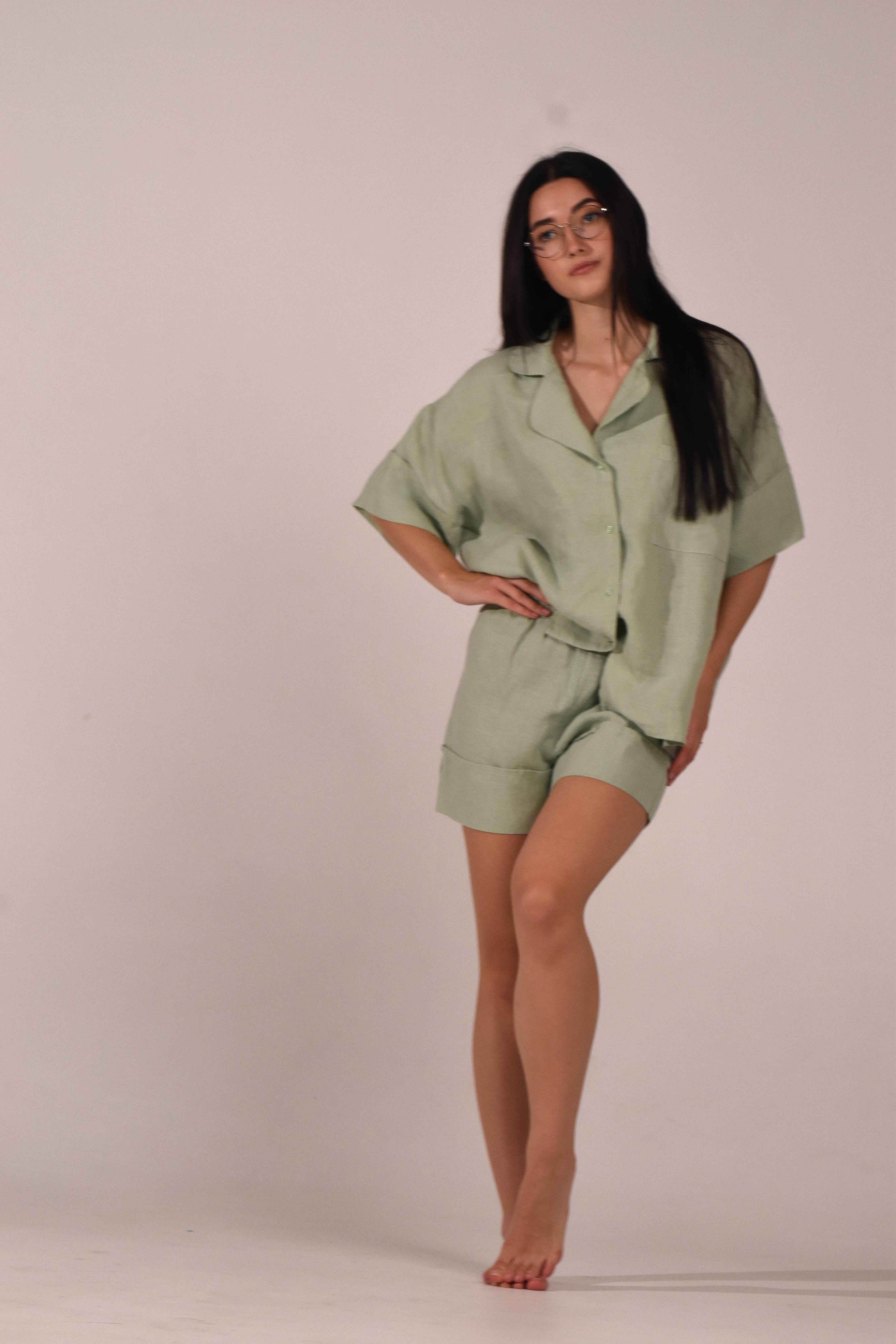 Short Sleeve Linen Shirt – Matcha - LinumLenis