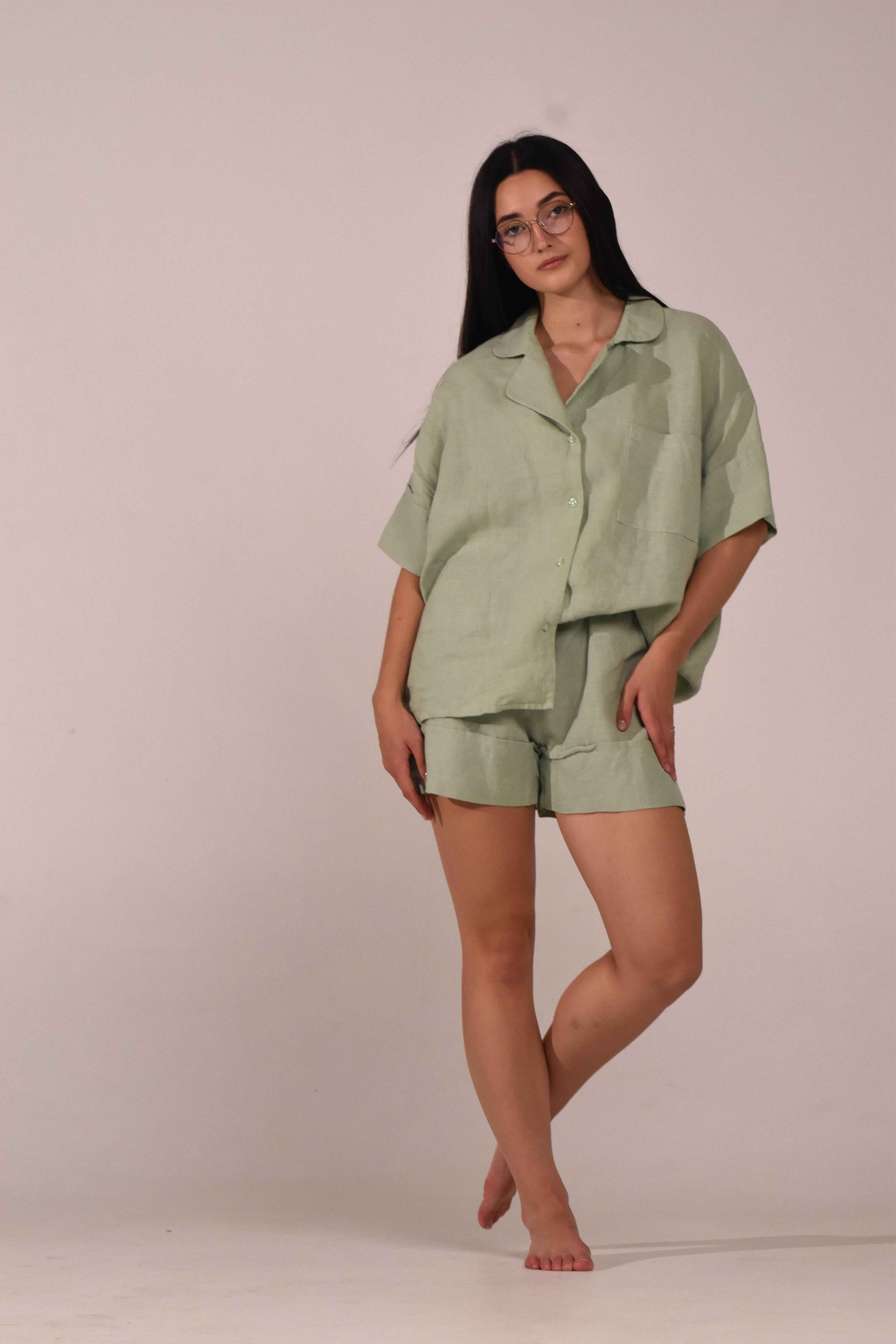 Short Sleeve & Shorts – Softened Linen Set in Matcha - LinumLenis