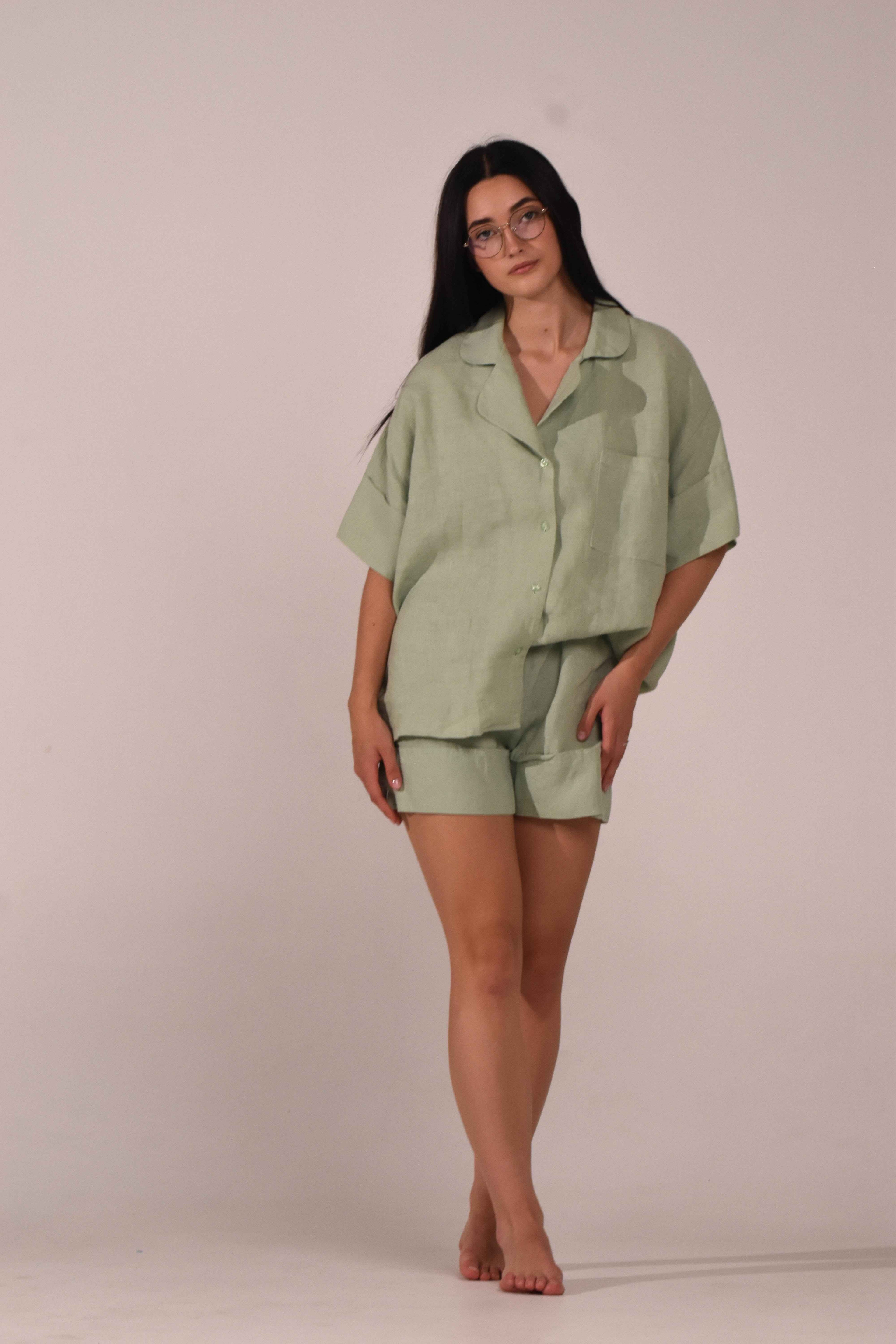 Short Sleeve & Shorts – Softened Linen Set in Matcha - LinumLenis