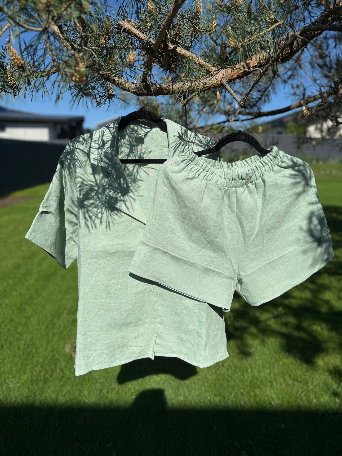 Short Sleeve & Shorts – Softened Linen Set in Matcha