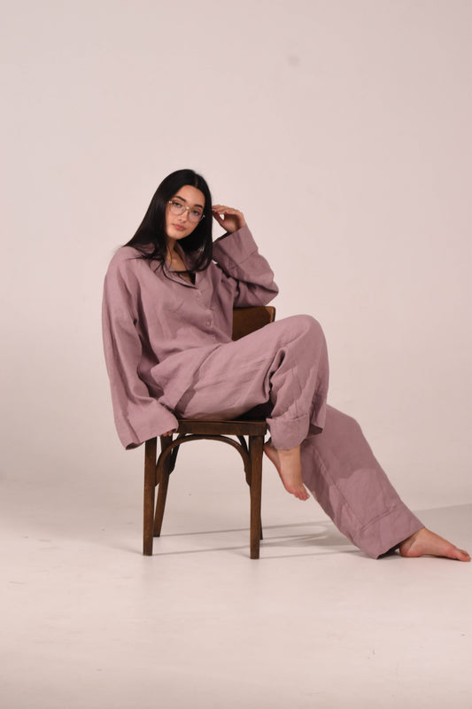 Long Sleeve & Pants – Washed Linen Loungewear in Morning Mist (Ash Rose)