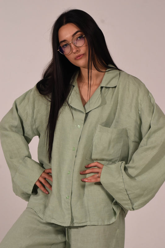 Linen Long Sleeve Shirt - Matcha - LinumLenis