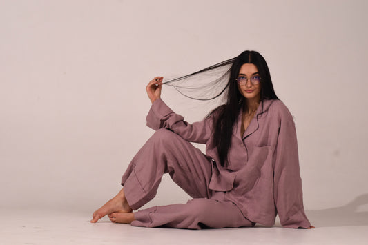 Long Sleeve & Pants – Washed Linen Loungewear in Morning Mist (Ash Rose) - LinumLenis