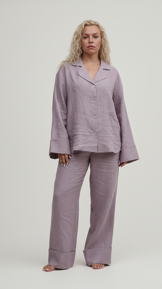 Long Sleeve & Pants – Washed Linen Loungewear in Morning Mist (Ash Rose)