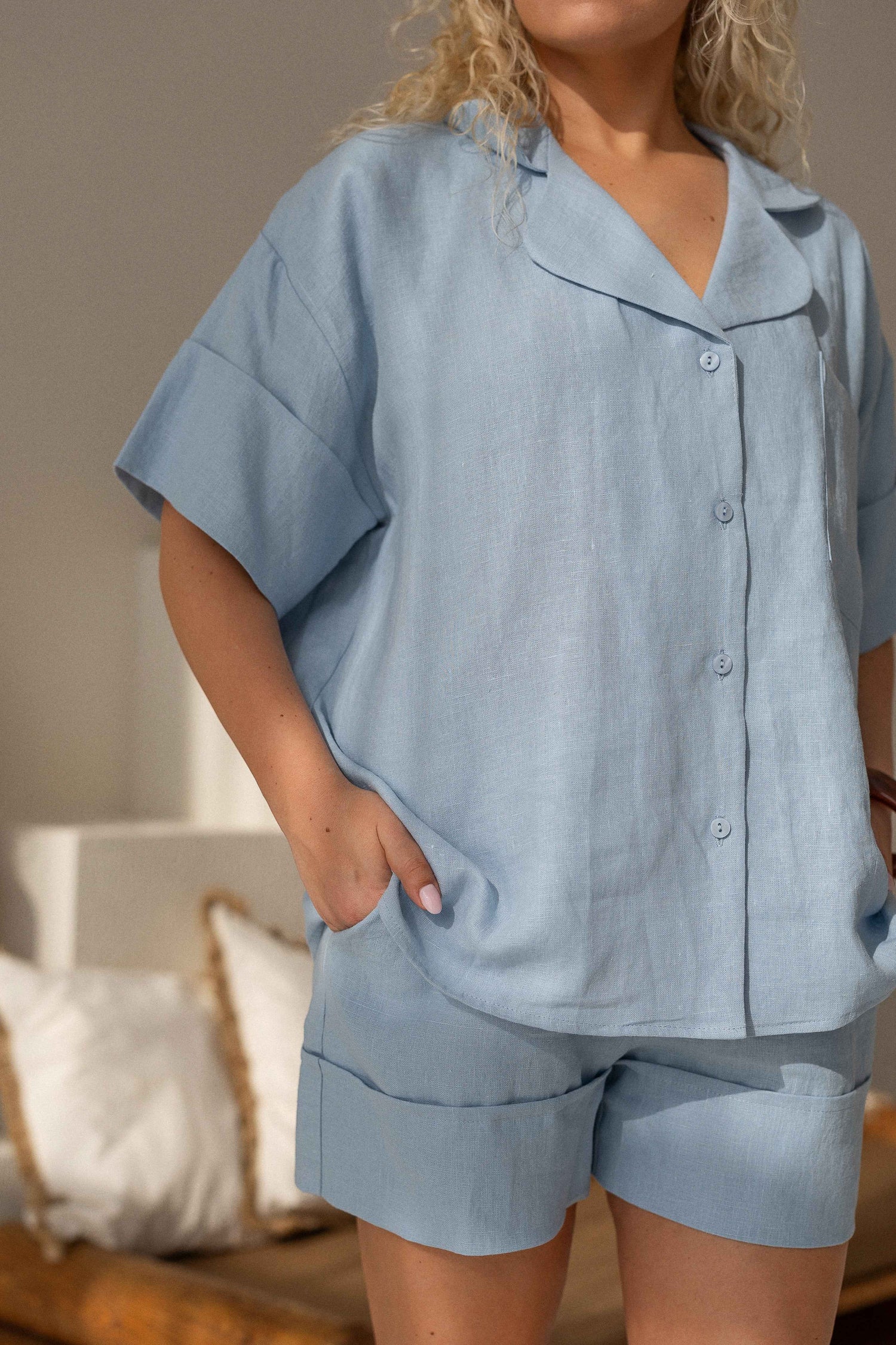 Blue Linen Set With Shorts