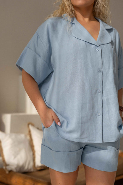 Blue Linen Set With Shorts