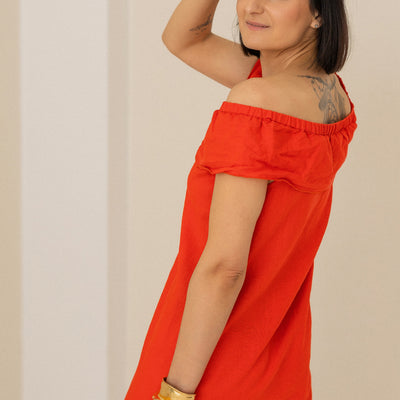 Elegant Red 100% Linen Midi Dress