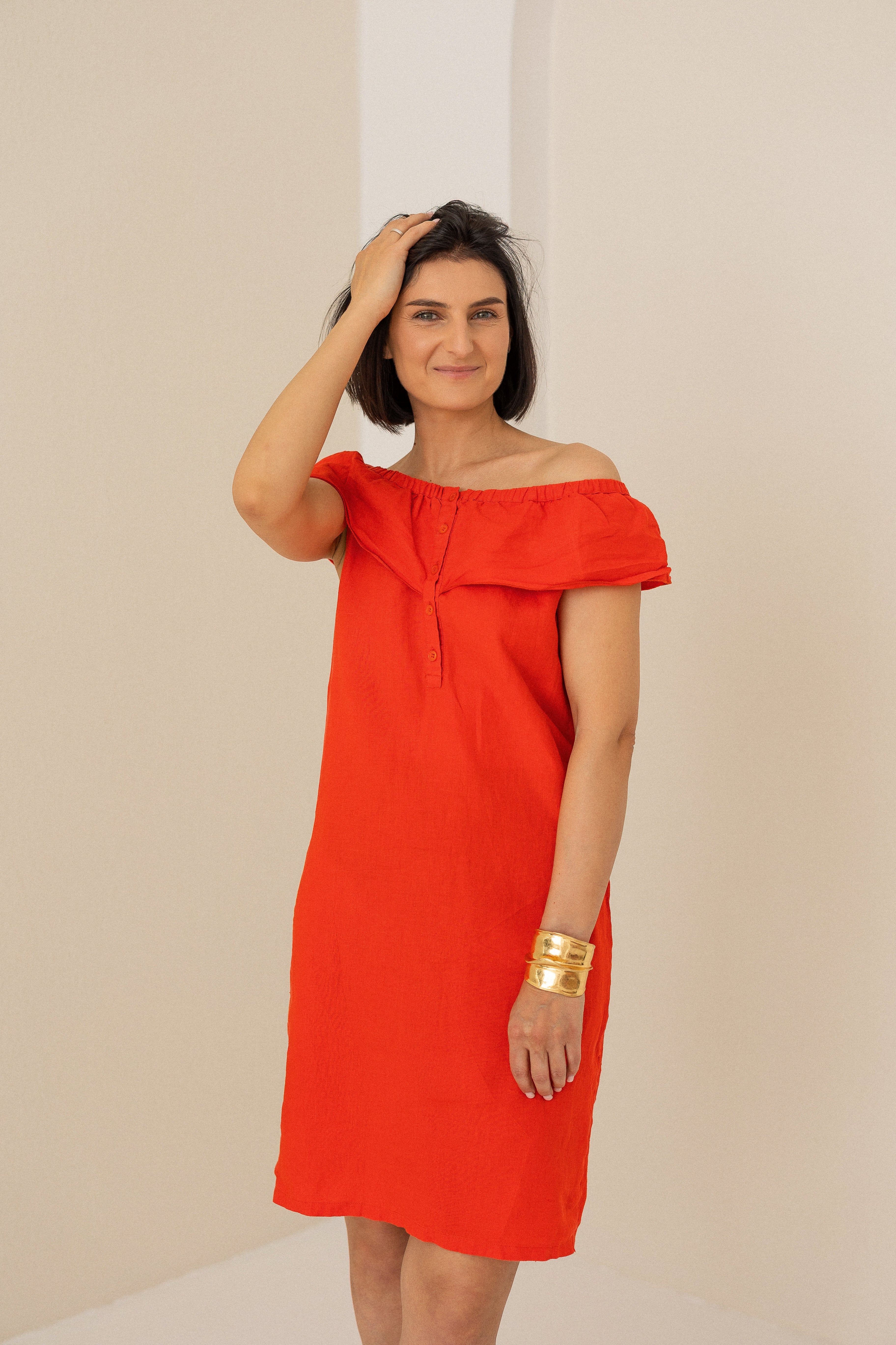 Elegantes rotes Midi-Kleid aus 100 % Leinen