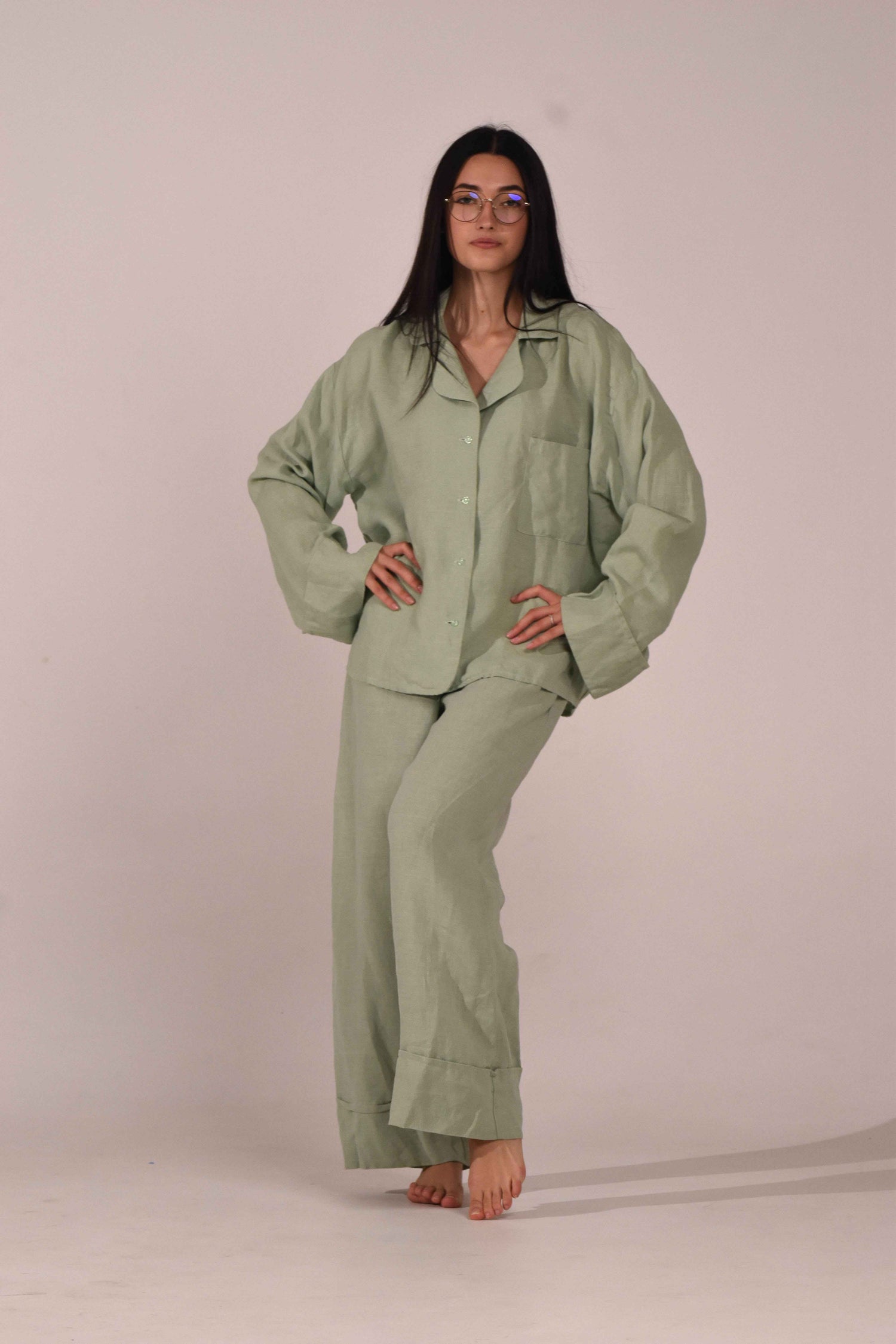 Linen Long Sleeve Shirt - Matcha - LinumLenis