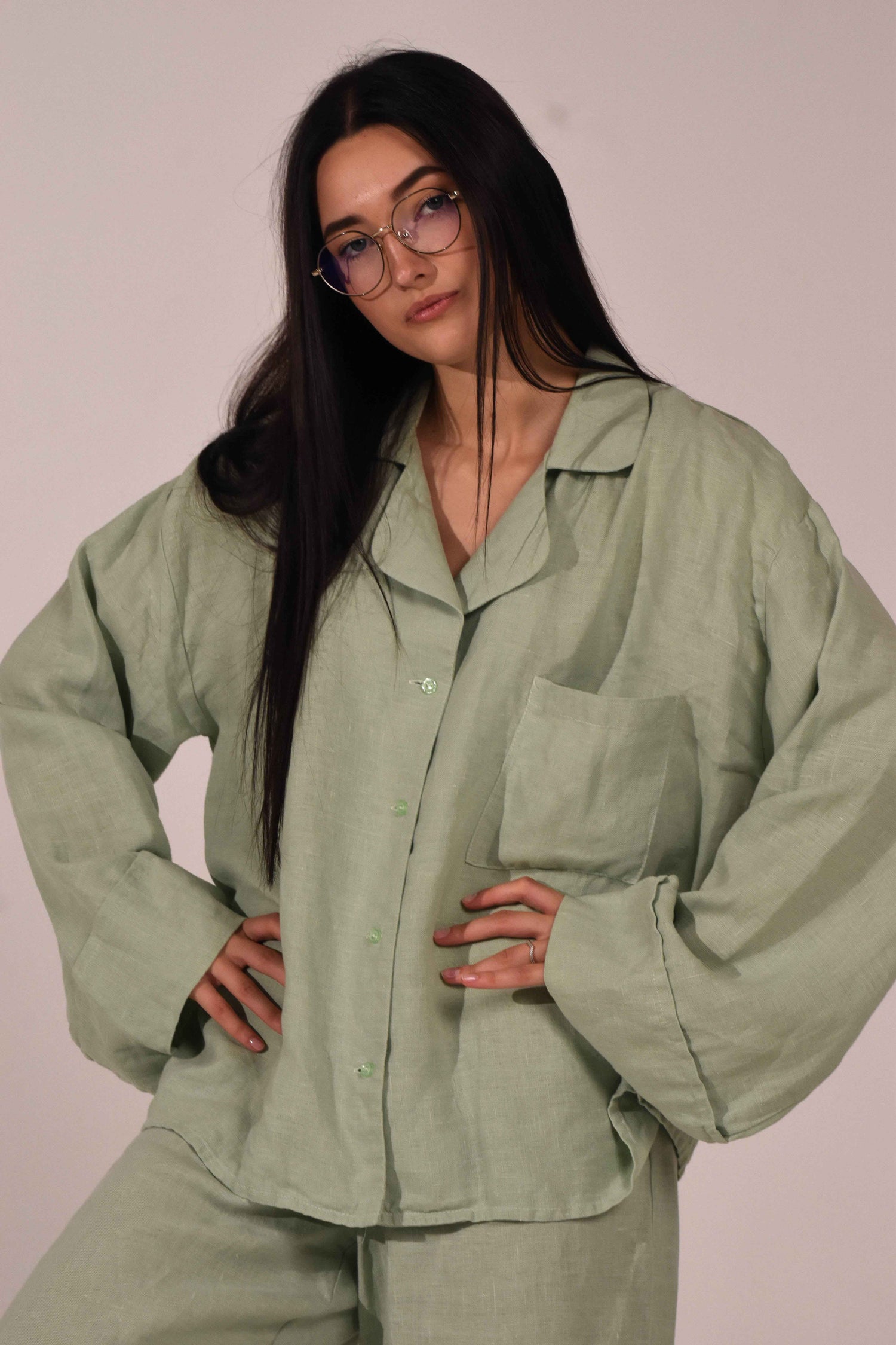 Linen Long Sleeve Shirt - Matcha - LinumLenis