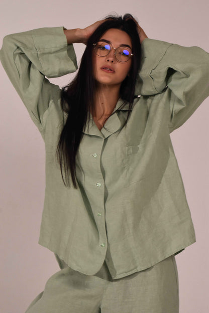 Linen Long Sleeve Shirt - Matcha - LinumLenis