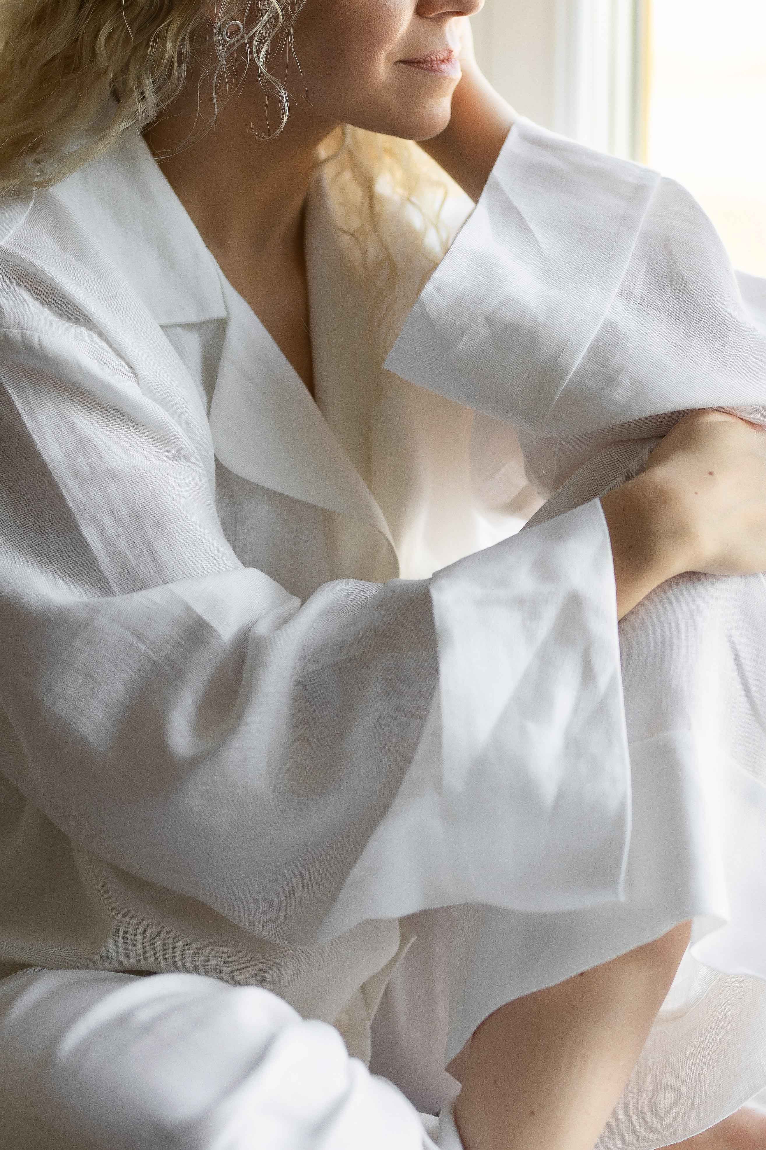 Long Sleeve &amp; Pants – Natural Linen Set in Pure White - LinumLenis