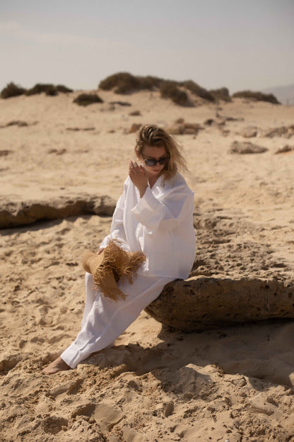 Long Sleeve &amp; Pants – Natural Linen Set in Pure White - LinumLenis