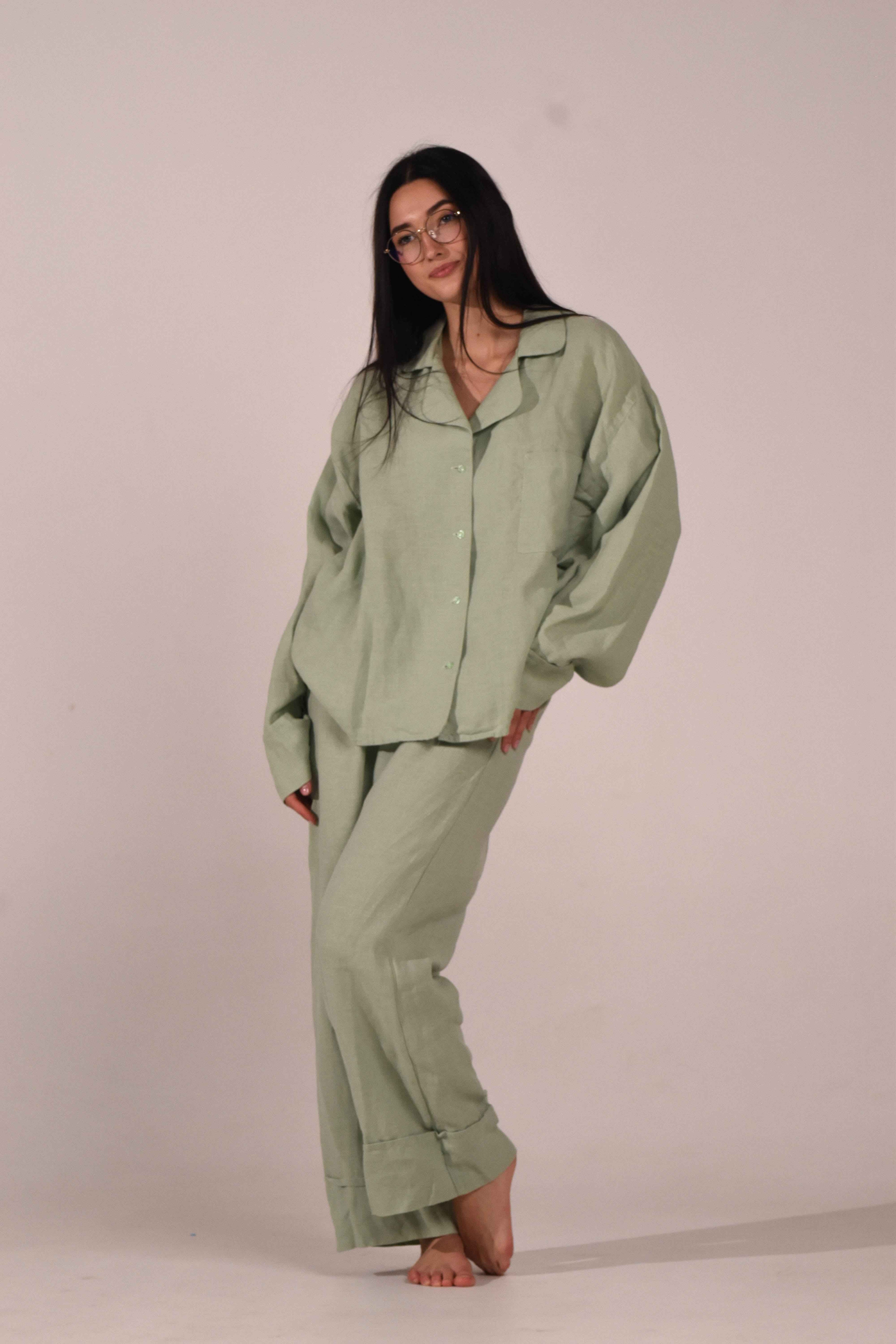 Long Sleeve &amp; Pants – Softened Linen Set in Matcha - LinumLenis
