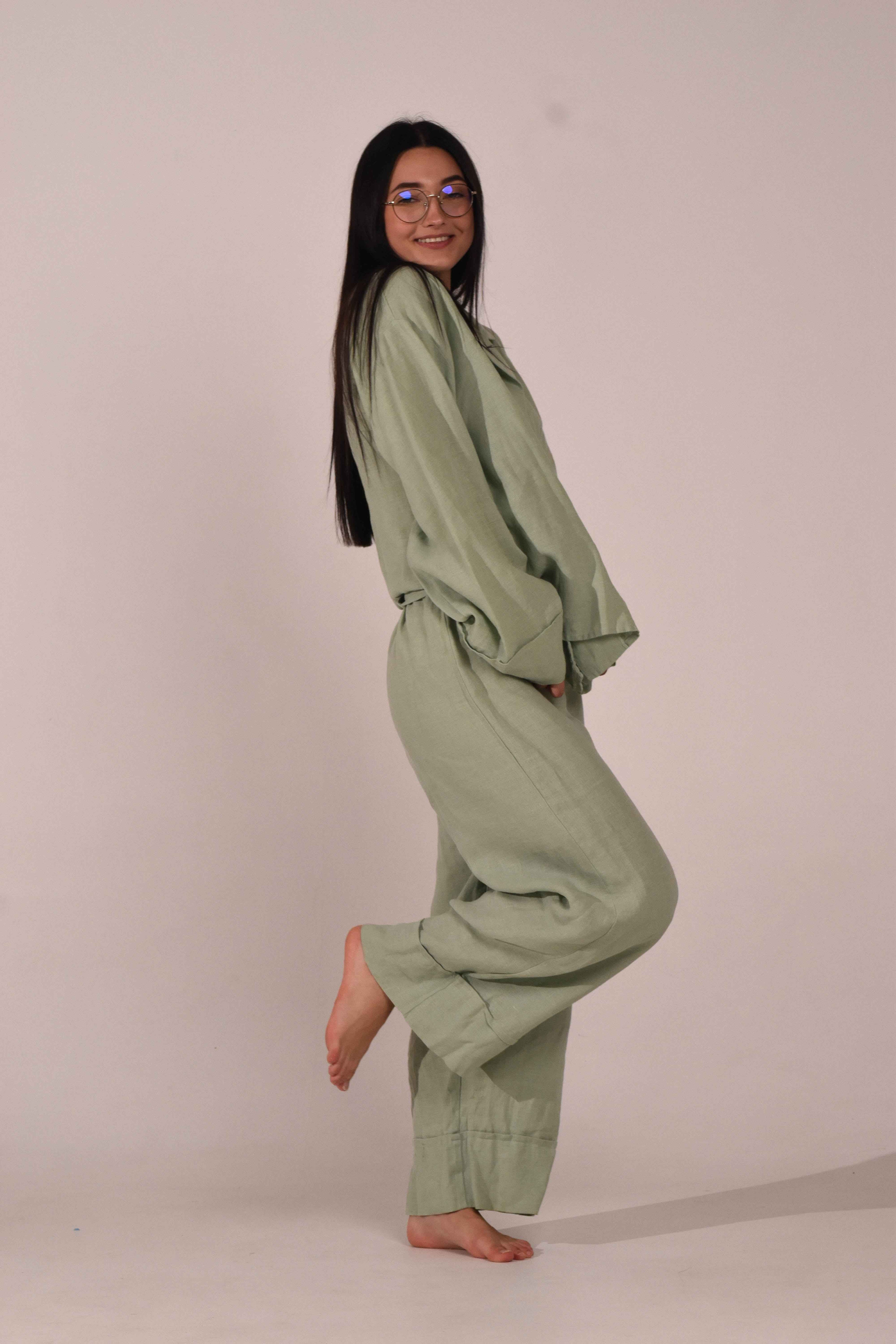 Long Sleeve &amp; Pants – Softened Linen Set in Matcha - LinumLenis