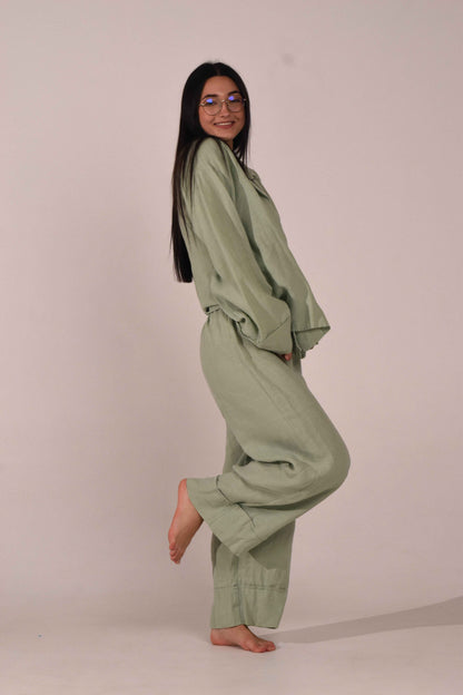 Long Sleeve &amp; Pants – Softened Linen Set in Matcha - LinumLenis