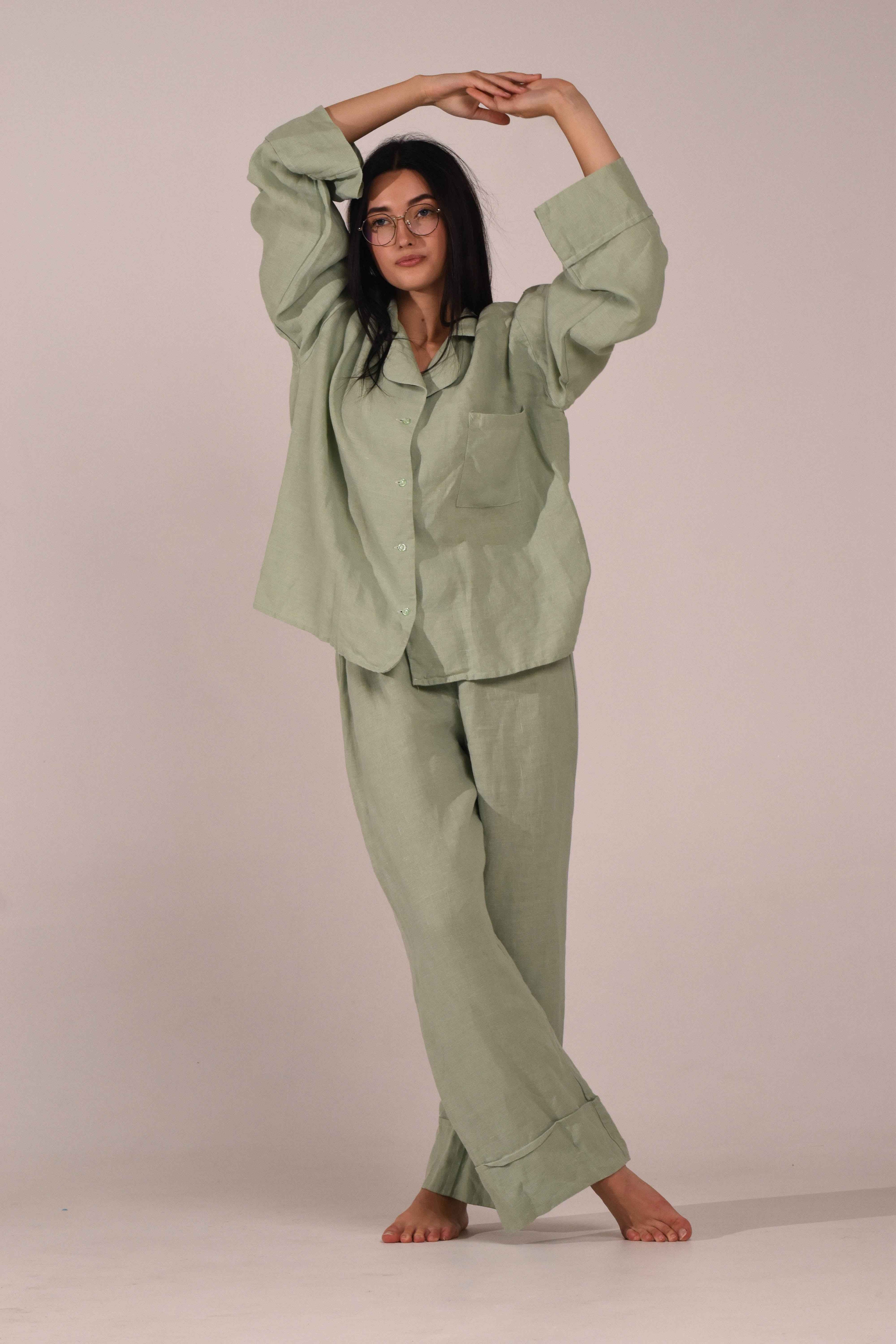 Long Sleeve &amp; Pants – Softened Linen Set in Matcha - LinumLenis
