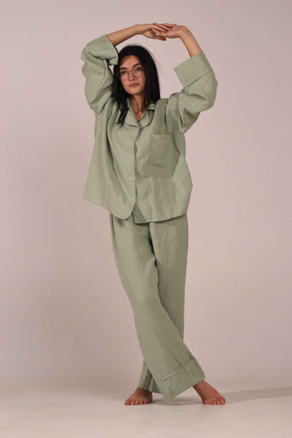 Long Sleeve &amp; Pants – Softened Linen Set in Matcha - LinumLenis