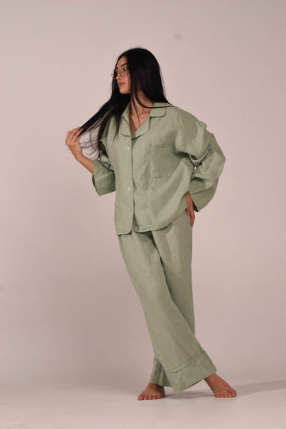 Long Sleeve &amp; Pants – Softened Linen Set in Matcha - LinumLenis