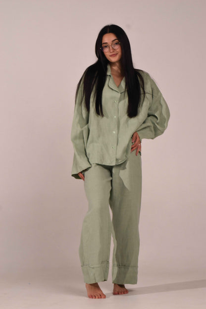Long Sleeve &amp; Pants – Softened Linen Set in Matcha - LinumLenis
