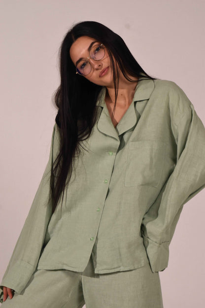 Long Sleeve &amp; Pants – Softened Linen Set in Matcha - LinumLenis