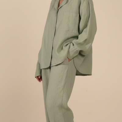 Long Sleeve & Pants – Softened Linen Set in Matcha