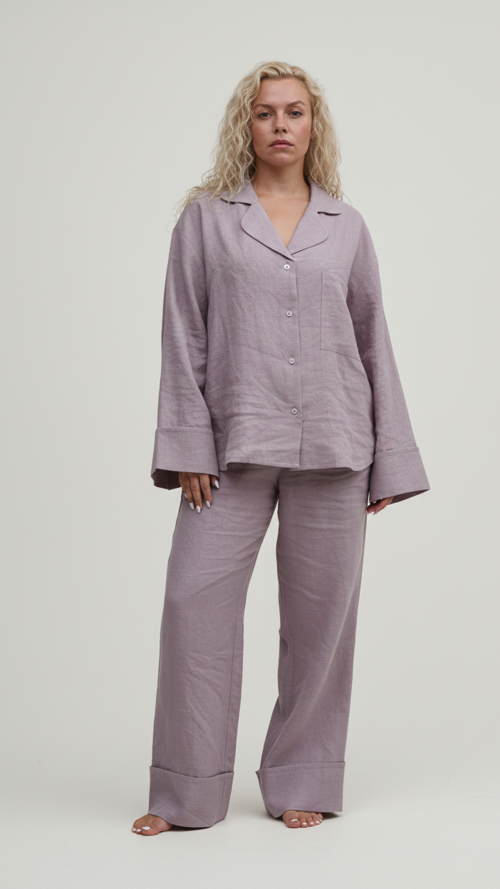 Long Sleeve &amp; Pants – Washed Linen Loungewear in Morning Mist (Ash Rose) - LinumLenis