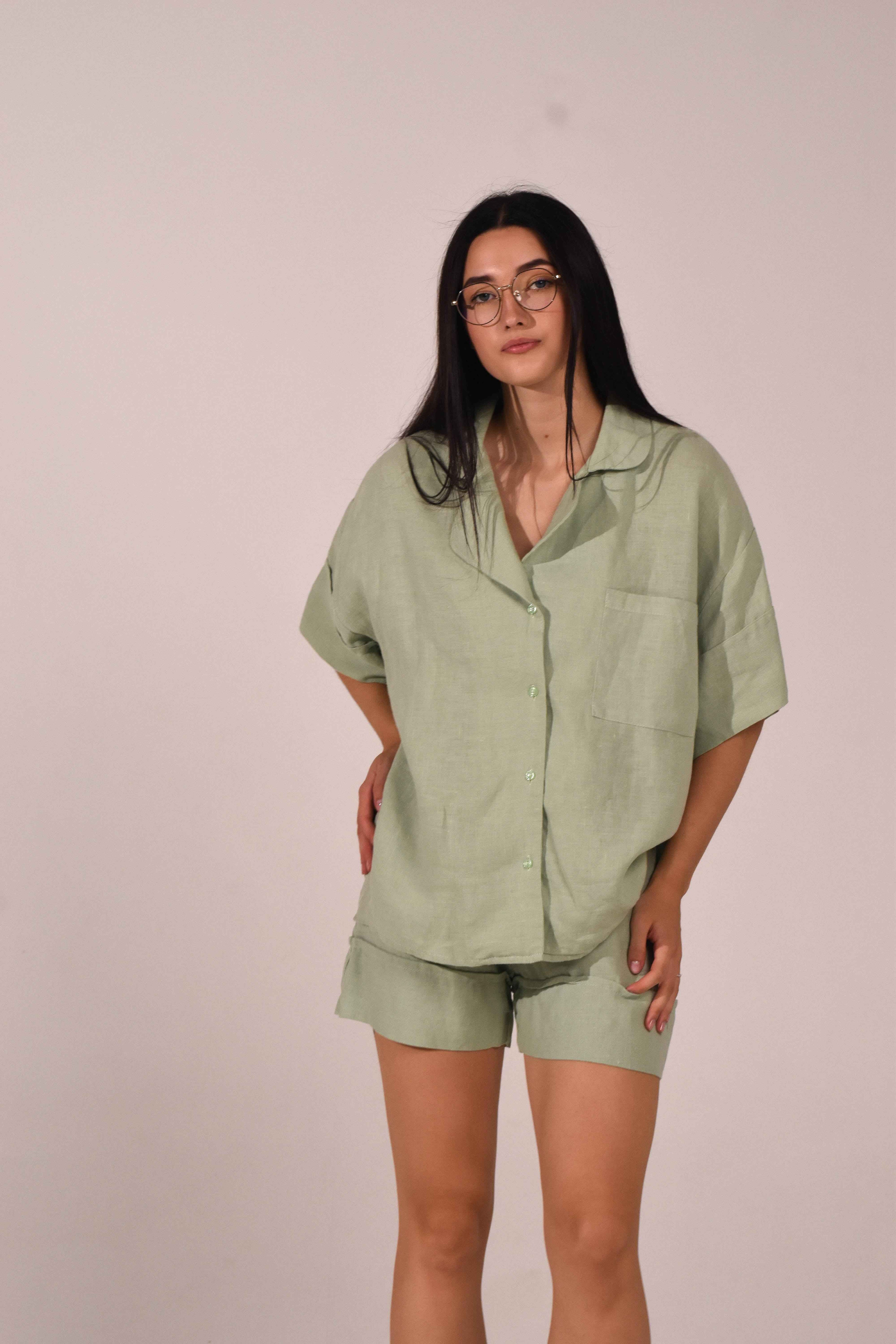 Short Sleeve Linen Shirt – Matcha - LinumLenis