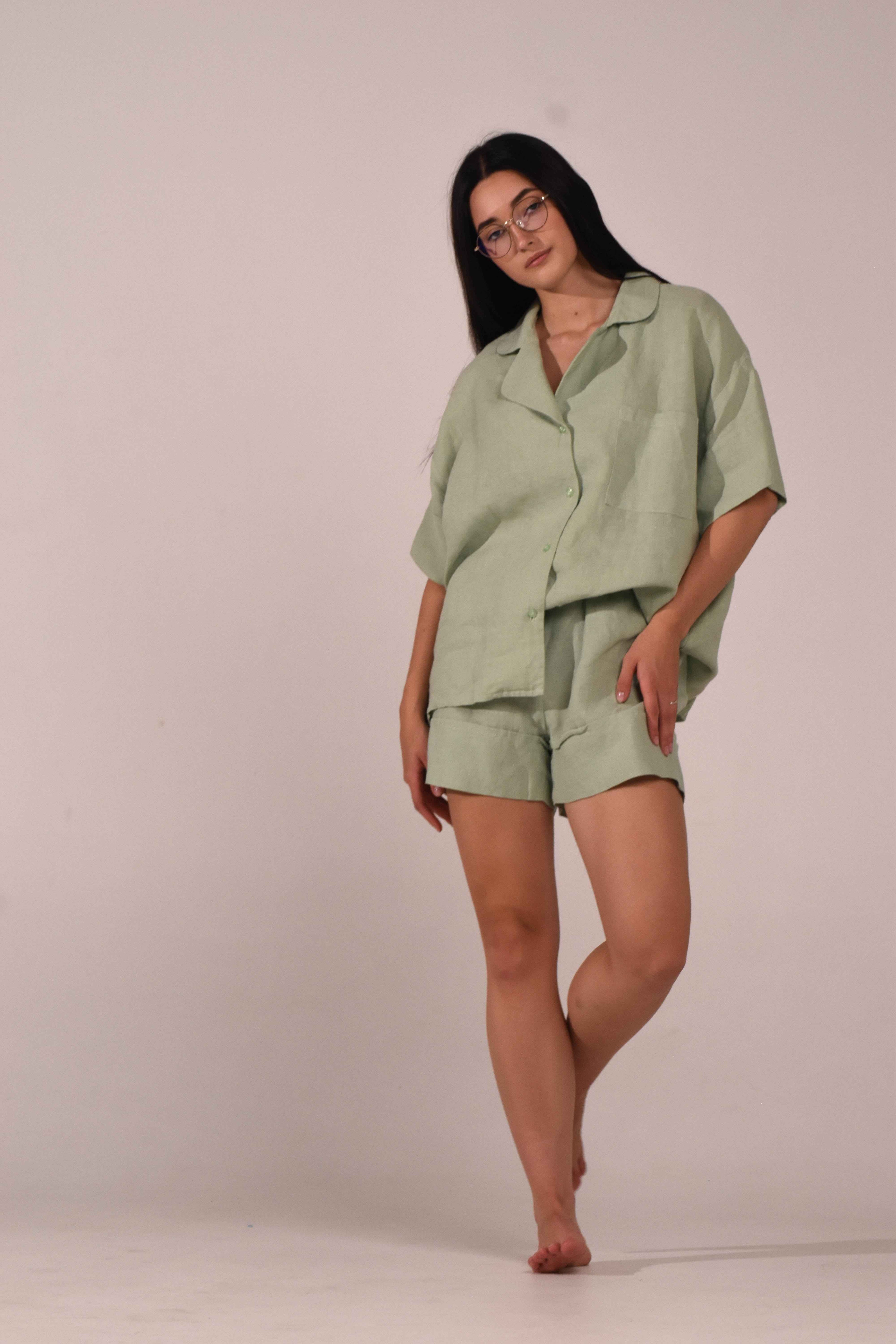 Short Sleeve Linen Shirt – Matcha - LinumLenis