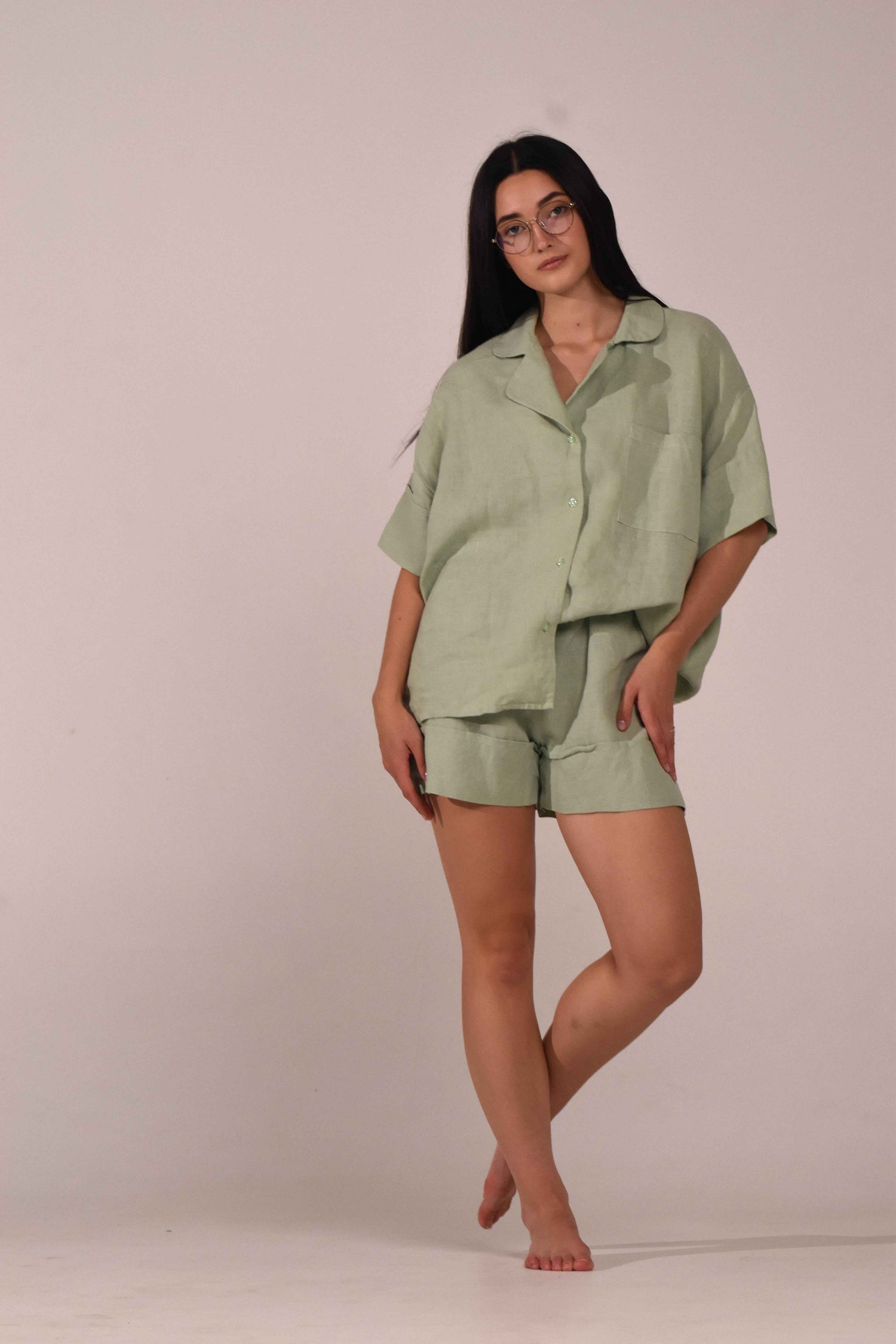 Short Sleeve &amp; Shorts – Softened Linen Set in Matcha - LinumLenis