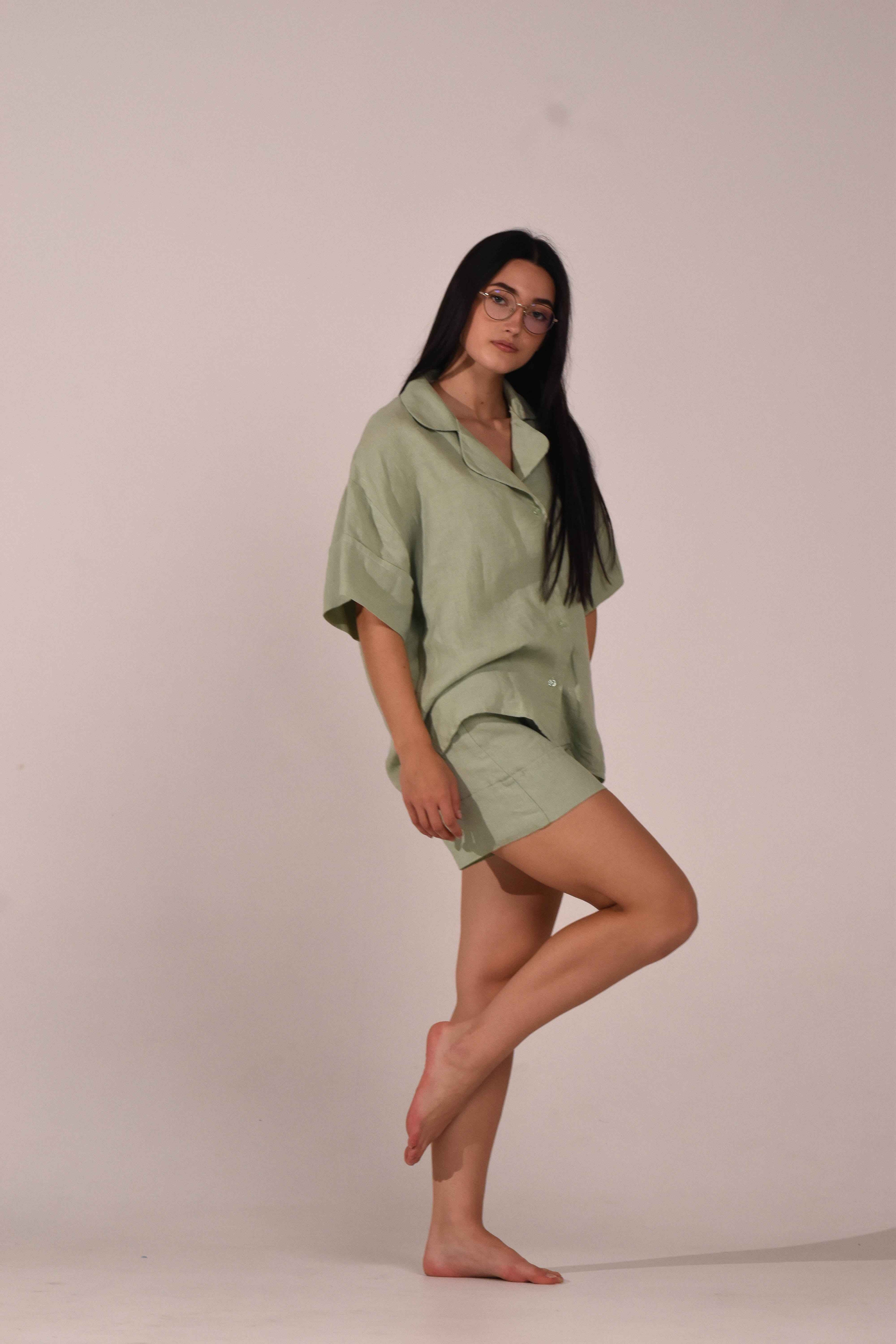 Short Sleeve &amp; Shorts – Softened Linen Set in Matcha - LinumLenis