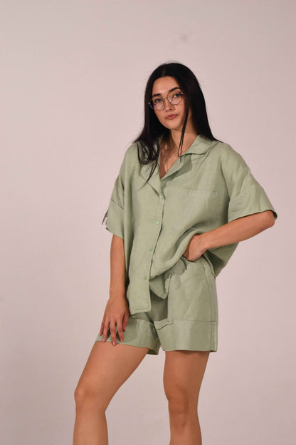 Short Sleeve &amp; Shorts – Softened Linen Set in Matcha - LinumLenis