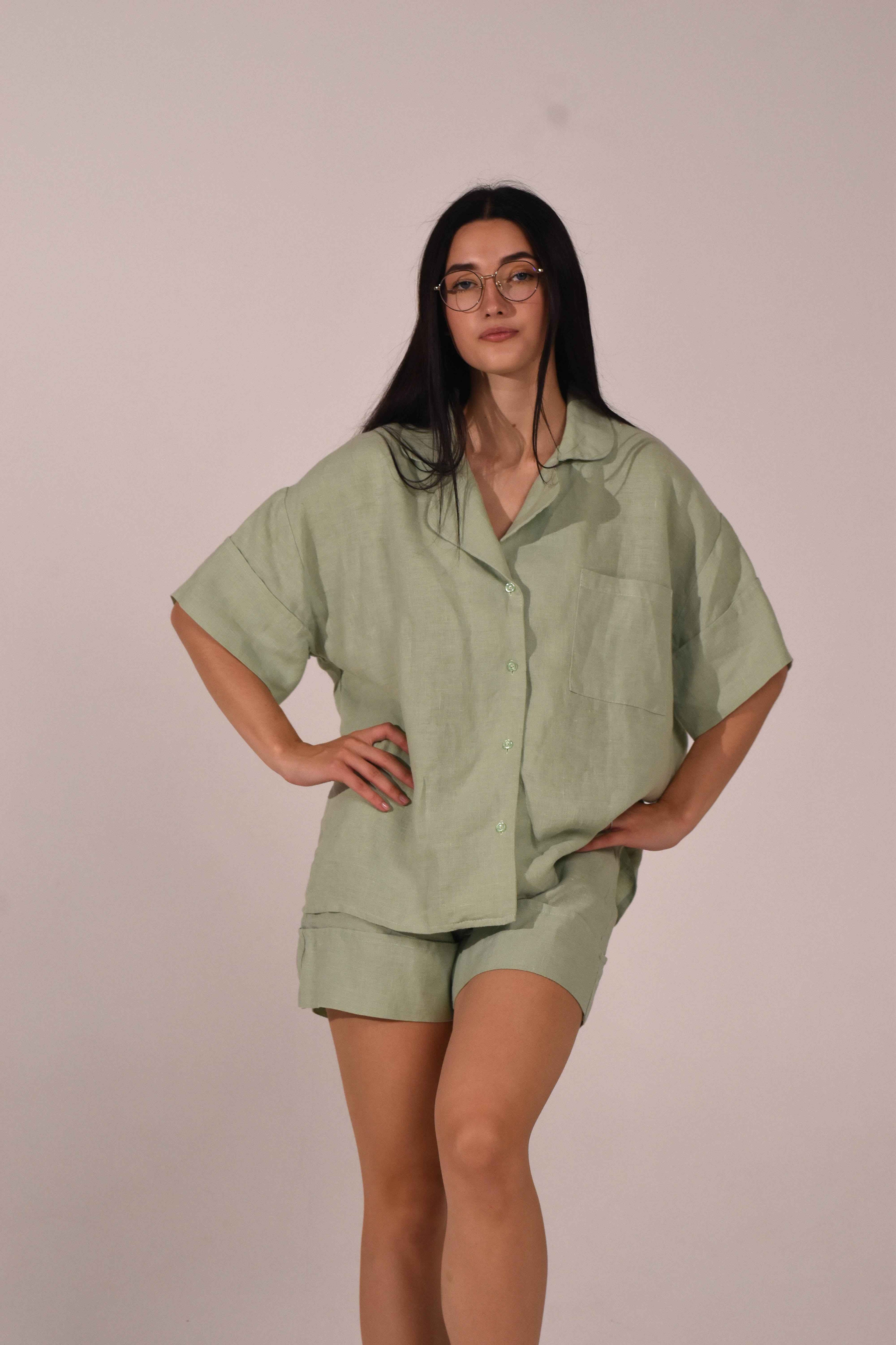 Short Sleeve &amp; Shorts – Softened Linen Set in Matcha - LinumLenis