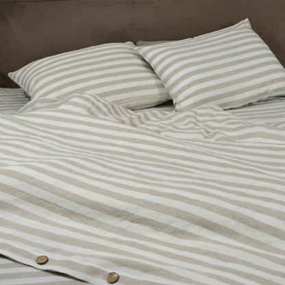 Striped Linen Bedding with Bamboo Buttons - LinumLenis